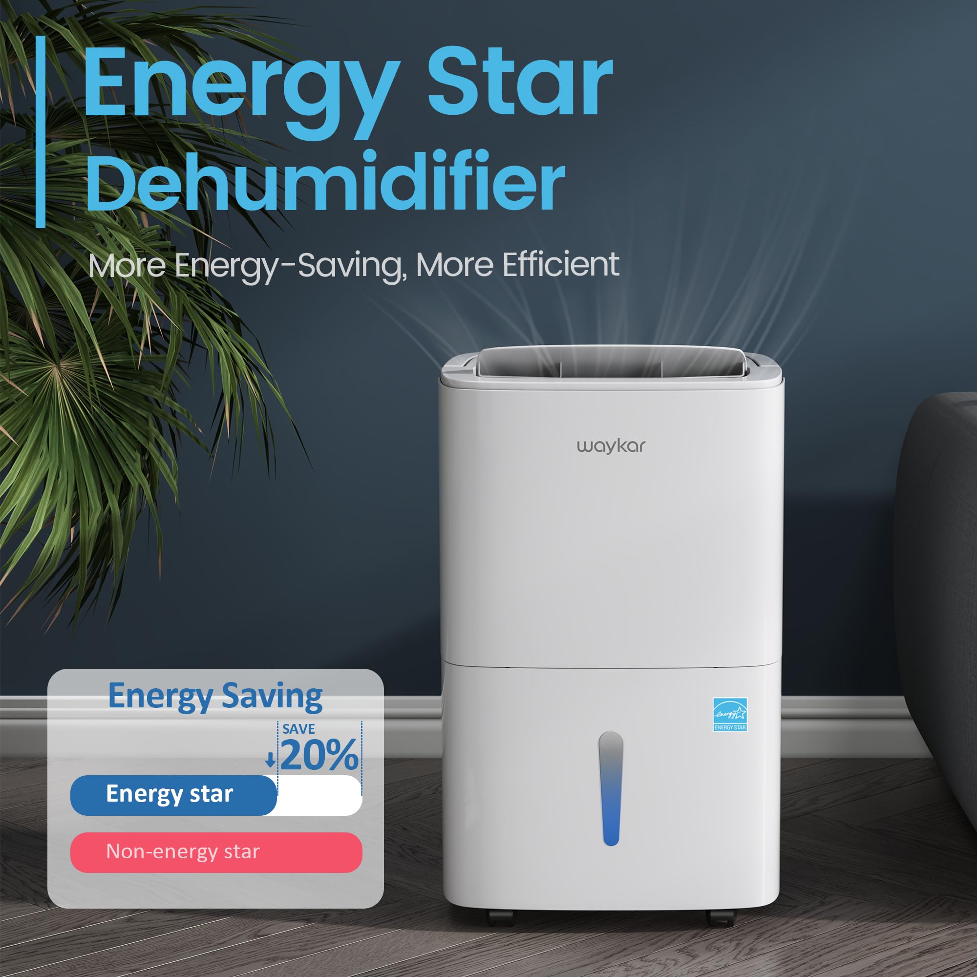 Waykar 80 Pints Energy Star Certified Dehumidifier for Large Spaces up to 5,000 Sq.Ft - Ideal for Home, Basement, Bedroom, Office - Features Drain Hose, Auto Defrost, Self-Drying & Easy Mobility Handle - Perfect for Humidity Control in Damp Areas & Mold Prevention