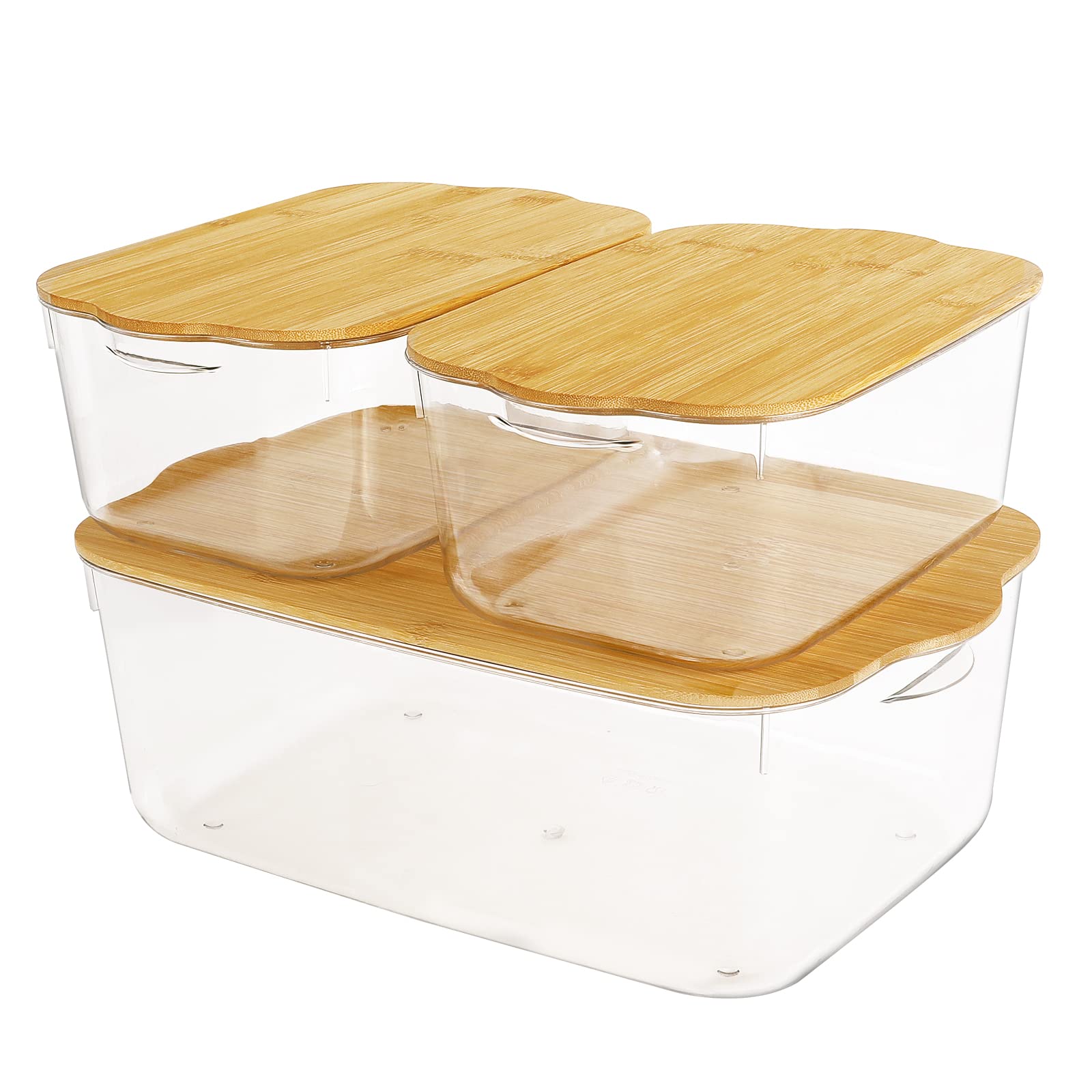 ANMINY 3-Piece Clear Plastic Storage Bins Set with Bamboo Lids - Stackable Organizer Baskets for Home, Kitchen, Closet & Kids' Room (1 Medium + 2 Small) | Perfect for Toys, Clothes, Towels & Laundry Organization