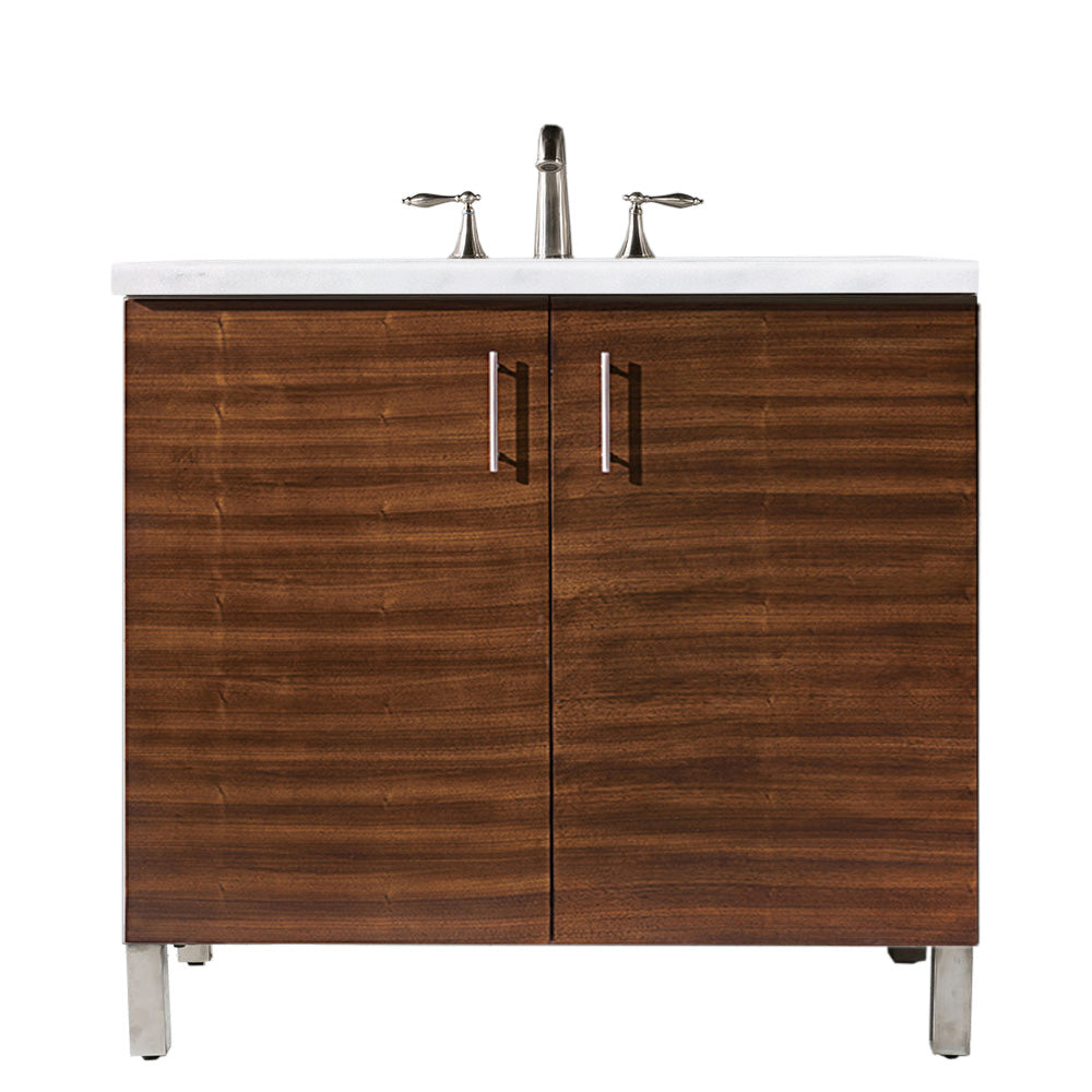 Metropolitan 36 Inch American Walnut Bathroom Vanity with 3CM Arctic Fall Solid Surface Top - Perfect for Modern Master Bathrooms & Powder Rooms