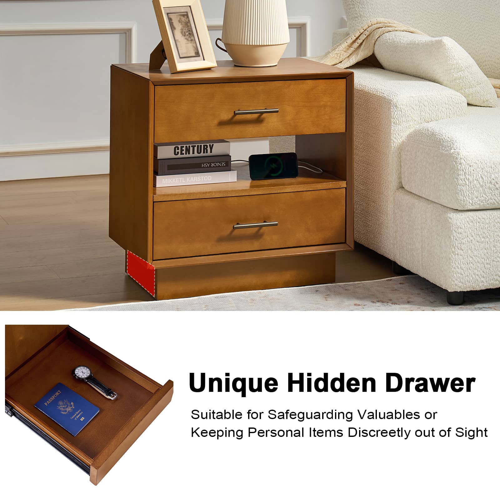 Yoel Hidden Drawer Nightstand with Built-in USB Outlets & Power Strip - Modern Bedside Table with Secret Storage for Bedroom, Living Room, or Office