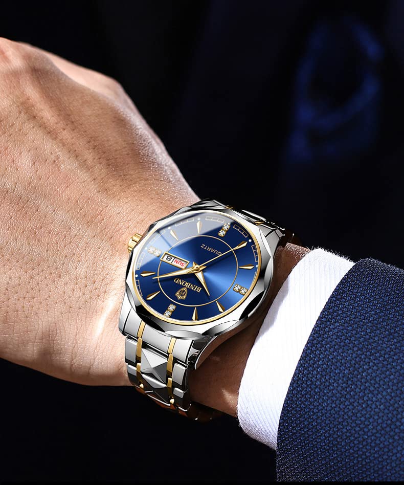 **YUEYUEKE Men's Analog Quartz Watch - Stainless Steel Band, Alloy Case, Luminous Hands with Date & Week Display - Waterproof 30M - Business Casual Fashion Wristwatch for Men - Perfect for Office, Daily Wear & Outdoor Activities**