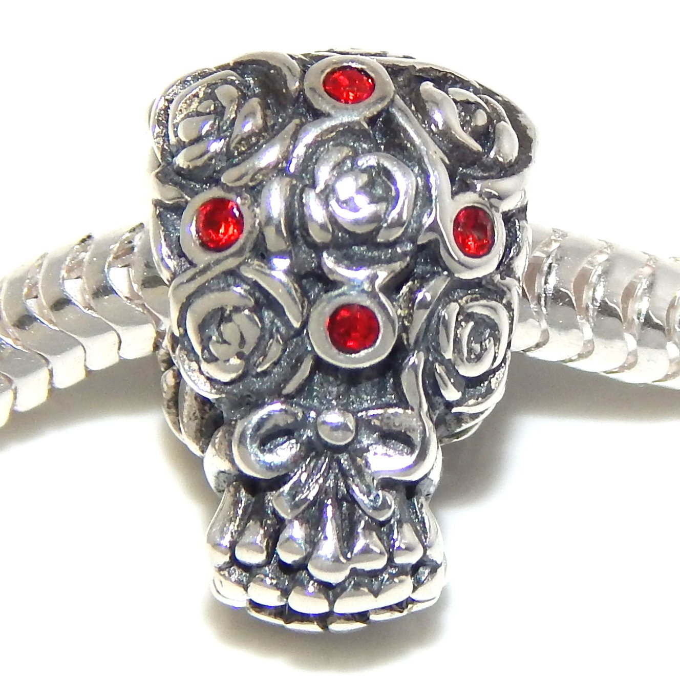 925 Silver Flower Charm Bead with Red Crystals for Jewelry Making