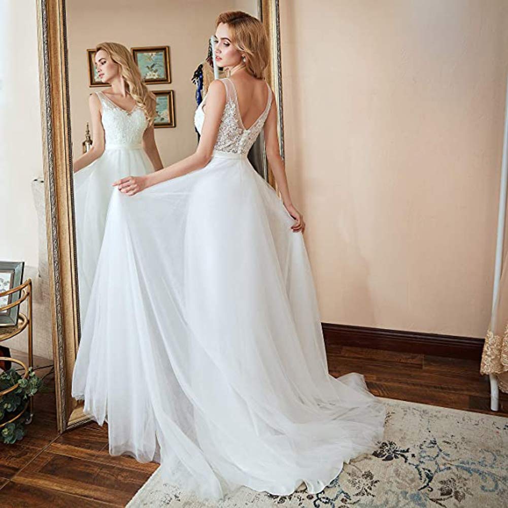 Elegant V-Neck A-Line Lace Tulle Wedding Dress for Women - Perfect for Beach Brides, Outdoor Ceremonies & Romantic Photoshoots