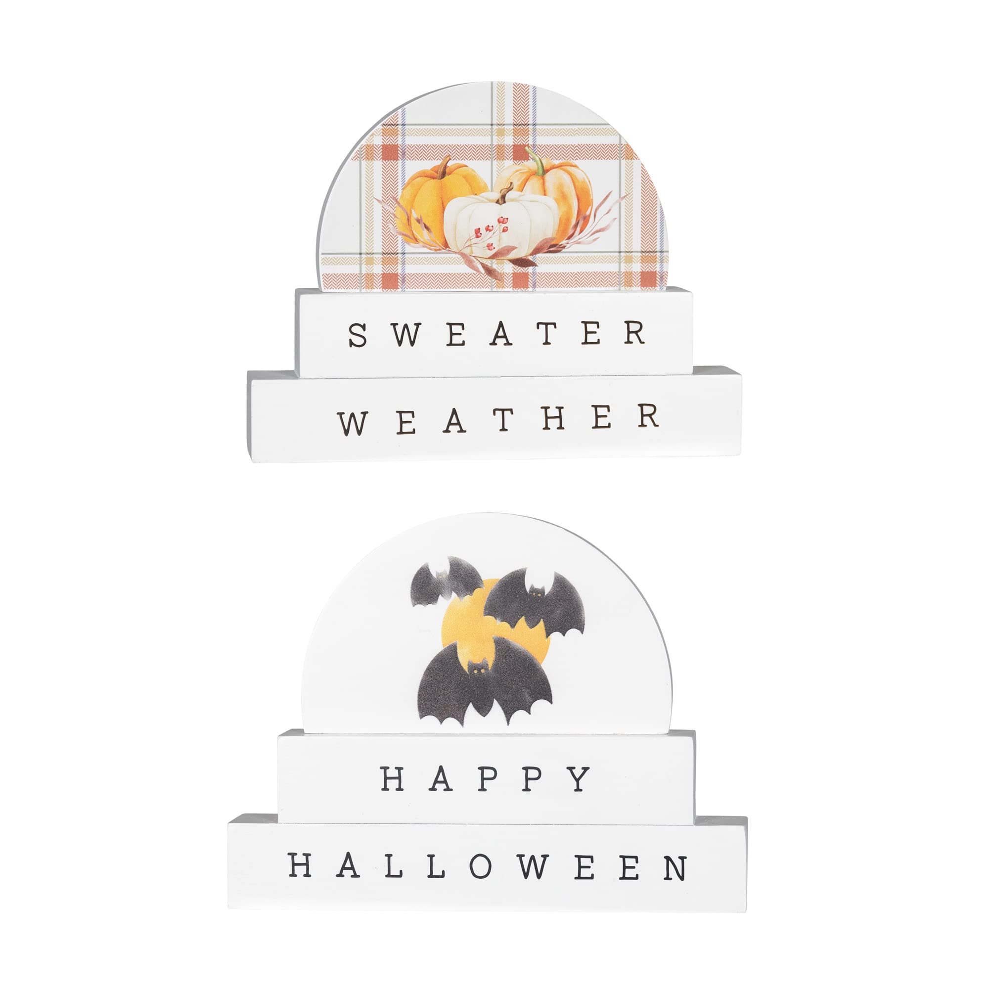 Stratton Home Decor Double-Sided Fall & Halloween Tabletop Decor - Rustic Wooden Centerpiece for Empty Tables - White Seasonal Home Decor (1.25”x7”x5.5”) - Perfect for Living Room, Dining Table, Mantel & Entryway Decorations