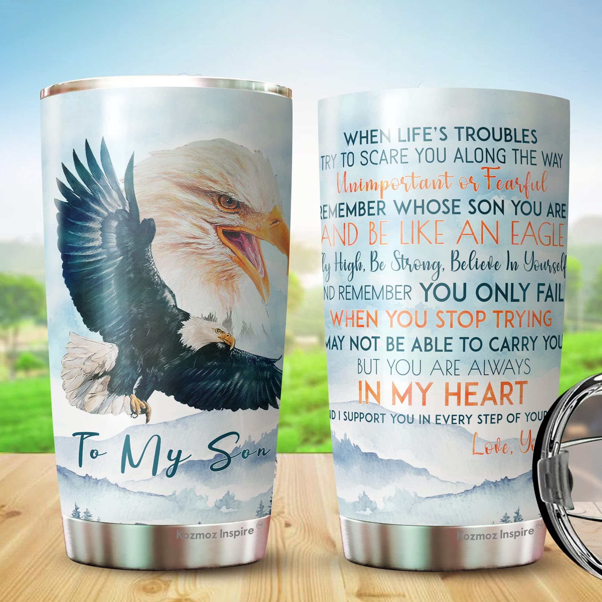 Kozmoz Inspire To My Son 20oz Insulated Tumbler - Personalized Gift from Mom and Dad - Motivational Present for Boys - Perfect for School, Sports & Outdoor Activities