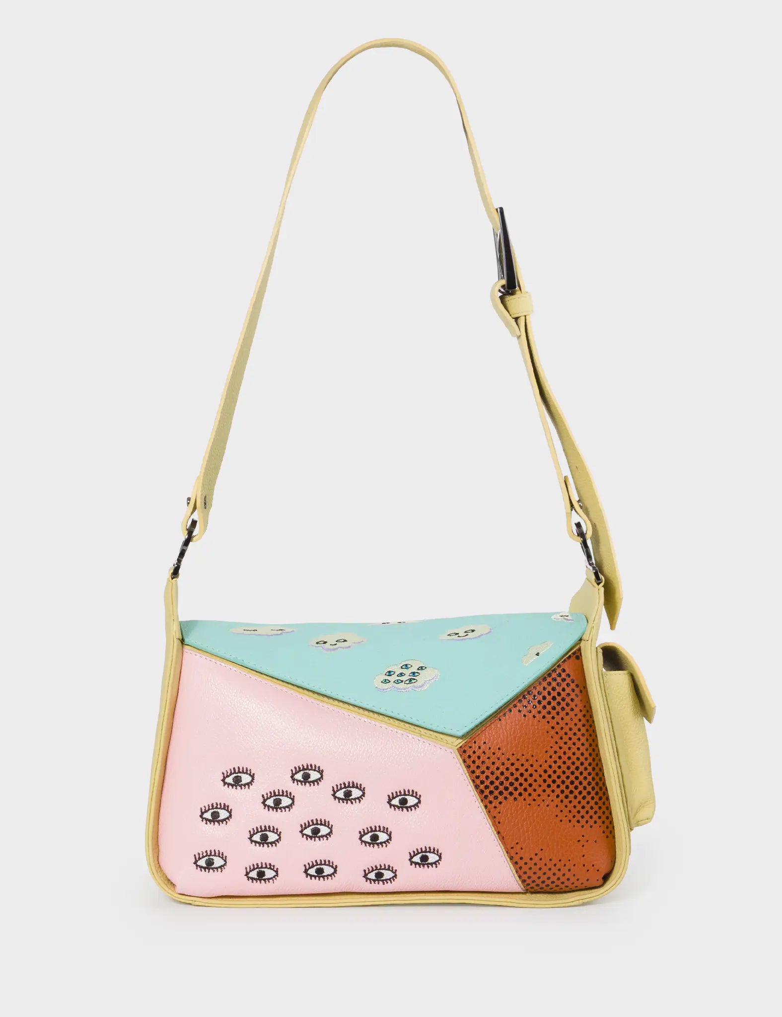 Houston Cocoon Leather Shoulder Bag with Happy Clouds Embroidery - Stylish Crossbody Purse for Women, Perfect for Work, Travel & Everyday Use