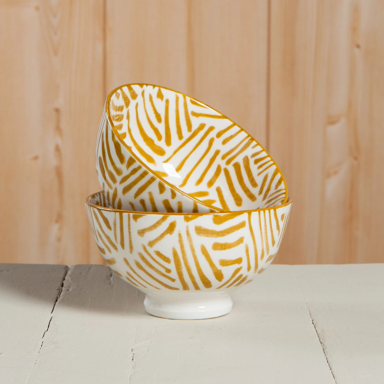 4-Piece Ochre Lines Ceramic Bowls Set - Elegant Handcrafted Dinnerware for Soup, Salad, Cereal & Dessert - Perfect for Home Dining, Parties & Gifting