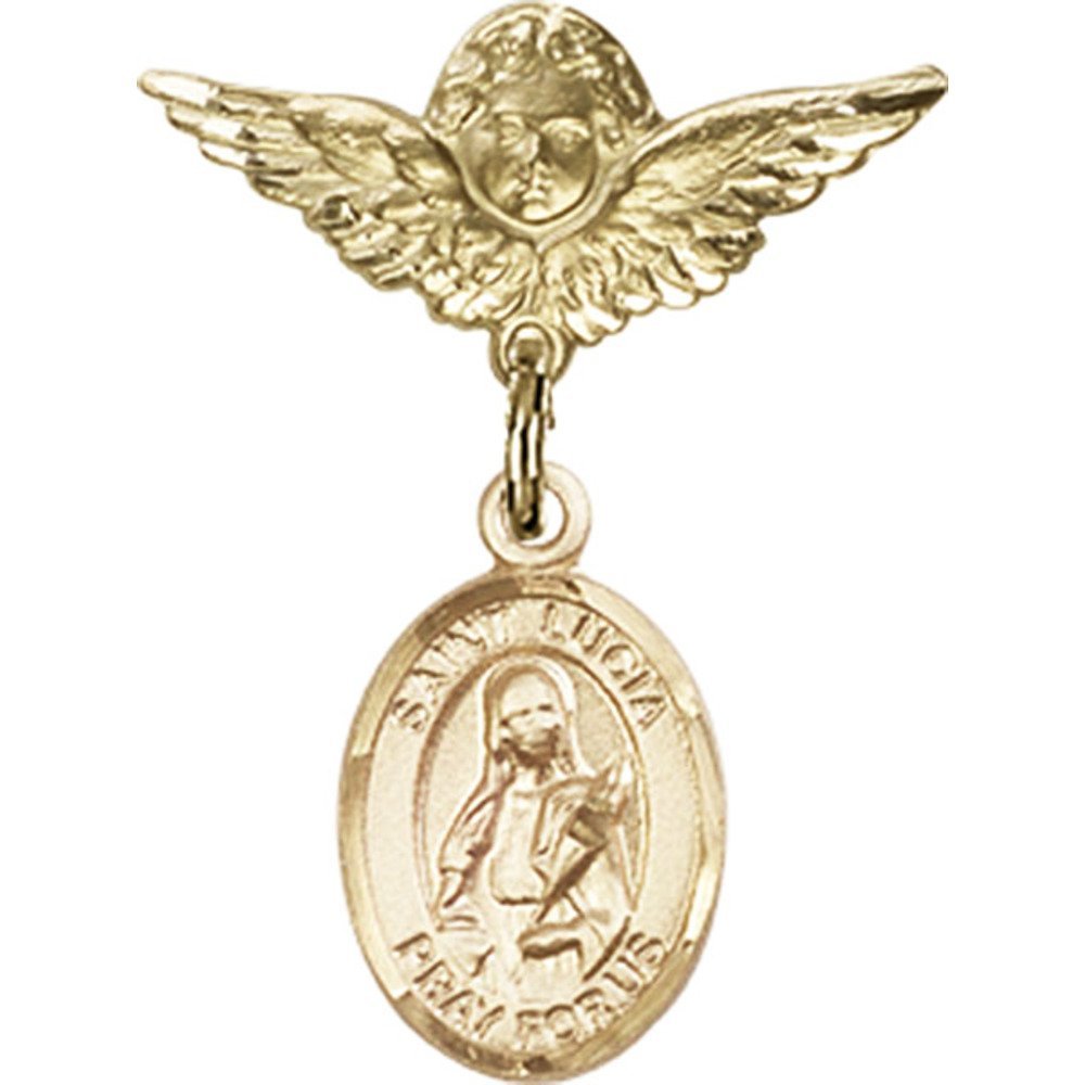 Gold Filled Baby Badge Pin with St. Lucia of Syracuse Charm & Angel Wings - 1 X 3/4 Inches - Perfect for Christening Gifts, Baby Showers & First Communion Keepsakes