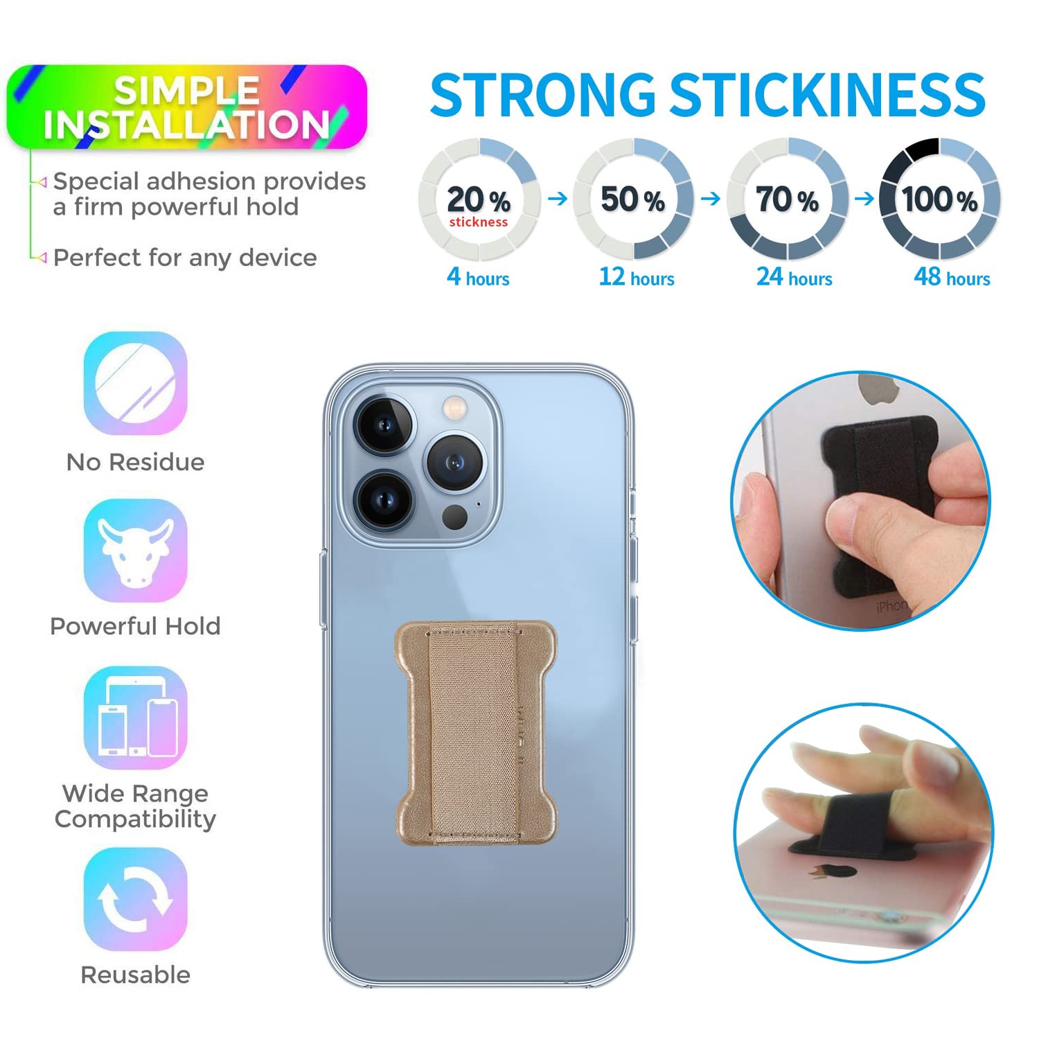 Universal Phone Grip Holder for Smartphones - 2 Pack Black Gold Sticky Phone Stand with Wireless Charging Compatibility - Perfect for Gym, Driving, Video Calls & Selfies