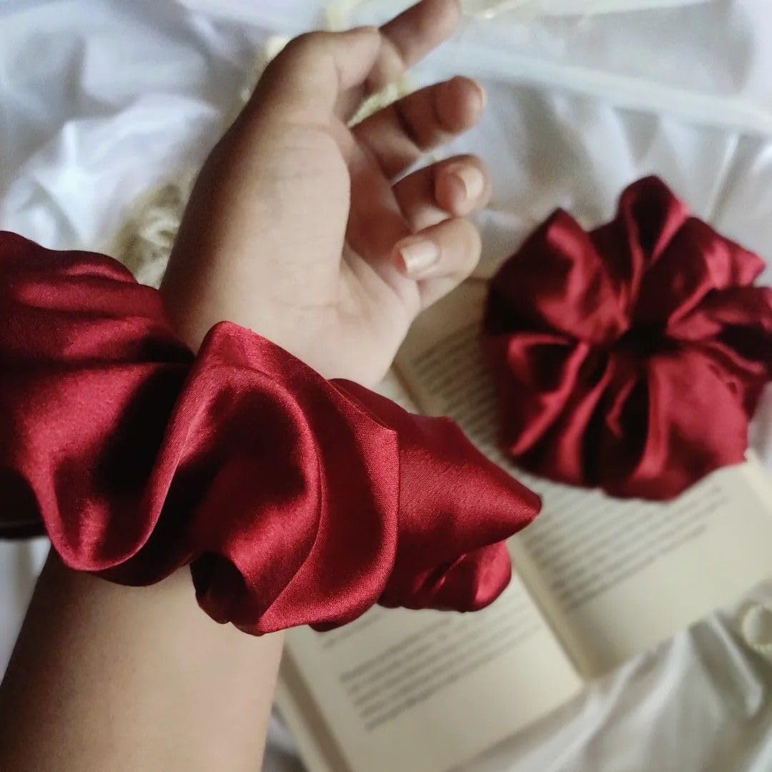 SNEH 6-Pack Premium Satin Silk Scrunchies for Women & Girls - Soft Hair Ties, Ponytail Holders & Volumizing Hair Accessories (Maroon) - Perfect for School, Work, Gym & Everyday Styling