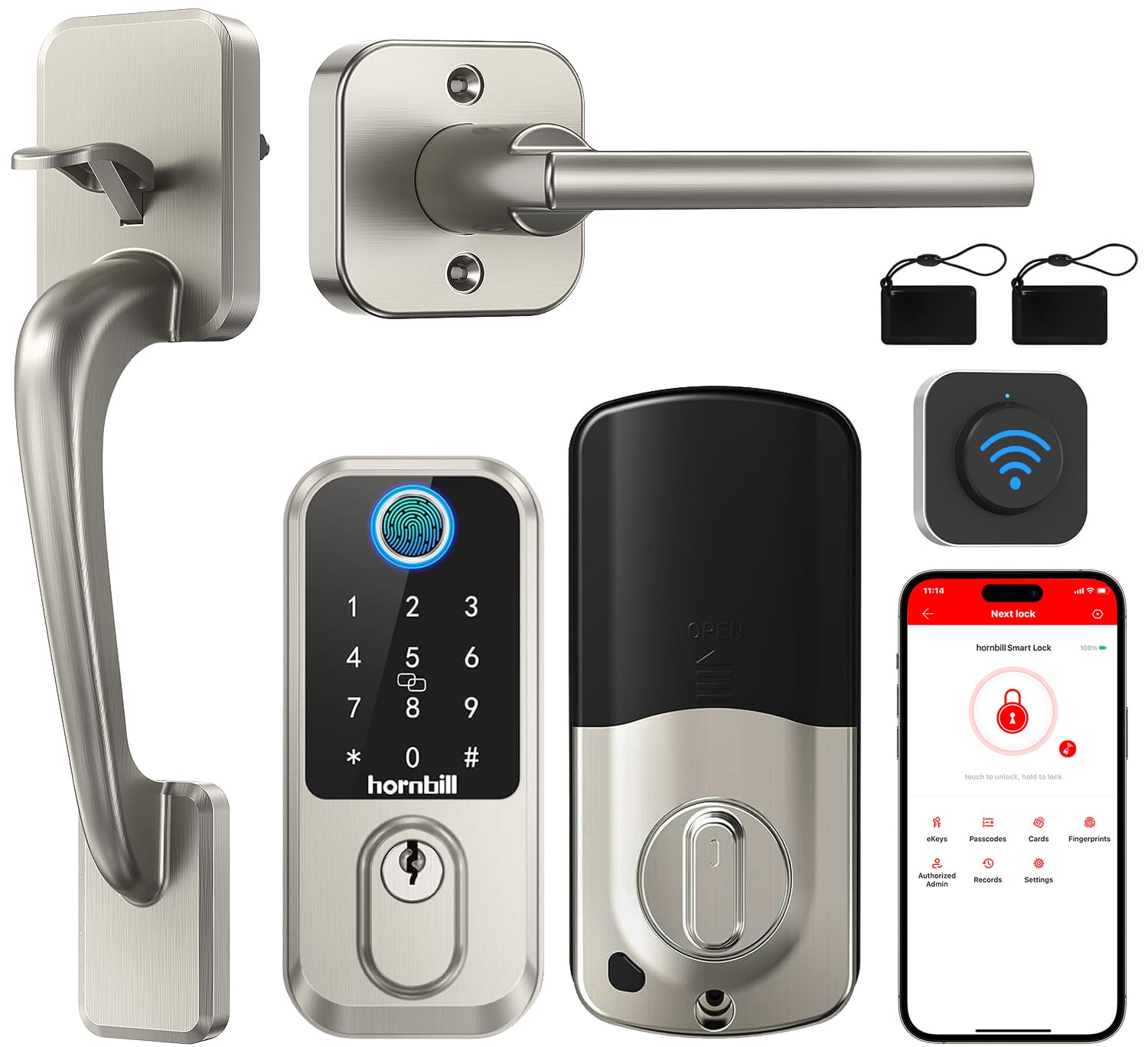 WiFi Fingerprint Smart Door Lock - Keyless Entry Deadbolt with Handle, Biometric Bluetooth Keypad Lock for Front Door & Entry Door - Satin Nickel Finish | Secure Home, Office & Vacation Rental Access
