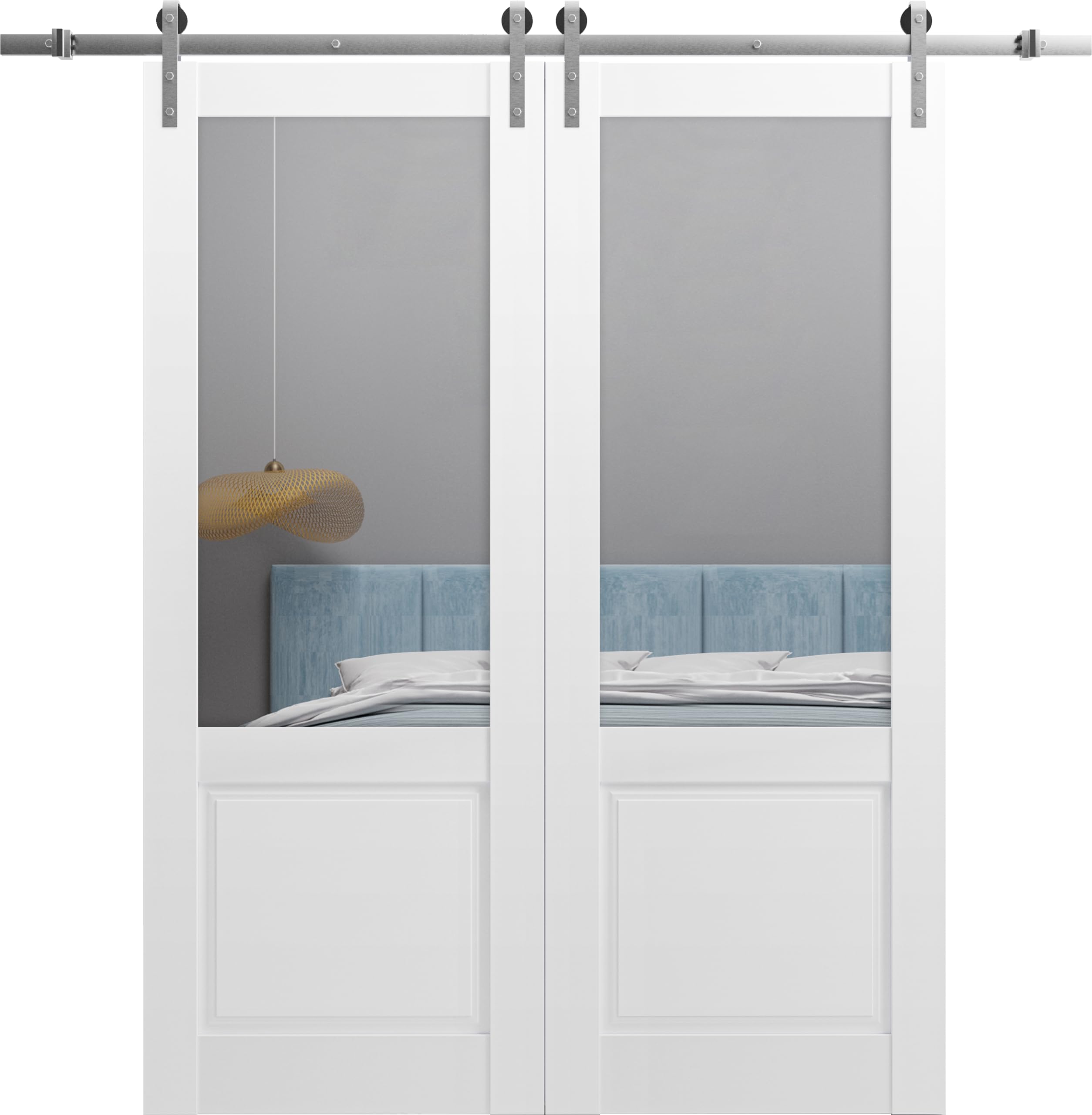 36 x 80 Inch Solid Wood Double Barn Door with Clear Glass Panels - Lucia 1533 White Silk Finish & 13FT Stainless Steel Rail Hangers - Heavy Duty Interior Sliding Doors for Bedroom, Closet, or Farmhouse Style Home