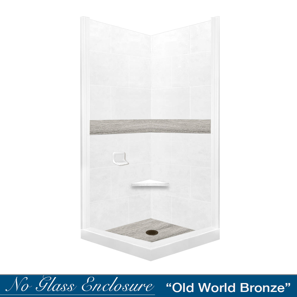 DIY Shower Remodel Kit - Natural Buff Sistine Stone & Sterling Oak Wood Accent Corner Set | Waterproof Bathroom Upgrade for Home Renovation | Perfect for Small Spaces & Modern Bathroom Designs