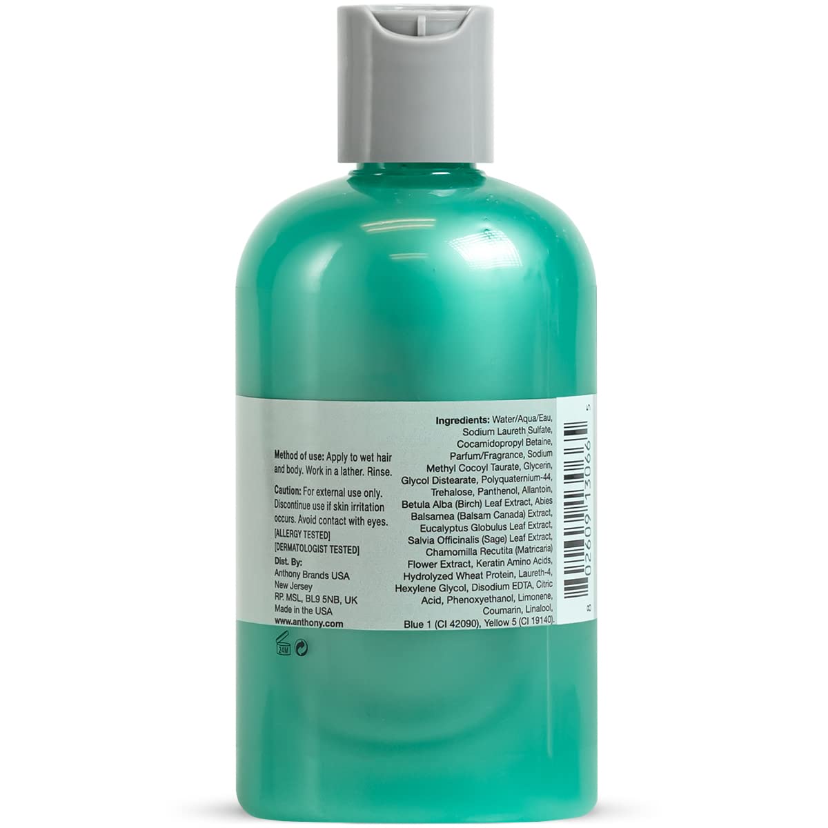 Anthony Men's 2-in-1 Body Wash & Shampoo - Invigorating Pine Wood Scent with Eucalyptus, Canadian Balsam & Charcoal - Hydrating Hair & Skin Cleanser - 12 Fl Oz - Perfect for Gym, Travel & Daily Shower Routine