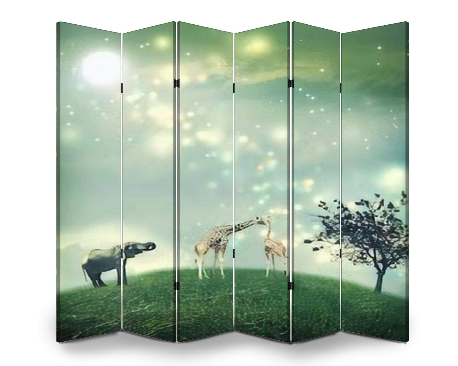 APED DECOR 6-Panel Wooden Room Divider - Giraffe & Elephant Moonlight Hilltop Canvas Privacy Screen | Dual-Sided Folding Partition for Home Office, Bedroom & Living Room Decor