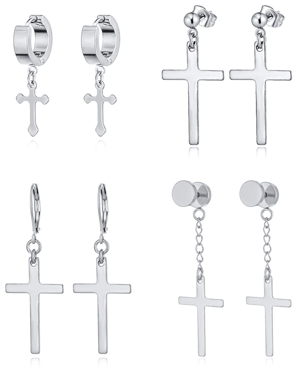 Ofeiyaa 4 Pairs Stainless Steel Cross Dangle Hoop Earrings for Men & Women - Silver, Gold & Black Tone Huggie Earrings with CZ Studs | Perfect for Everyday Wear, Parties & Gifts