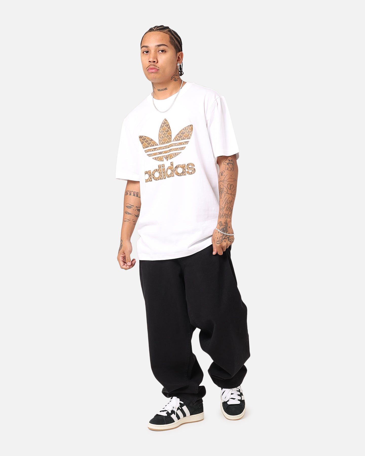 Adidas Classic Monogram T-Shirt for Men - White/Earth Strata - Comfortable Cotton Casual Tee for Streetwear, Gym & Everyday Wear