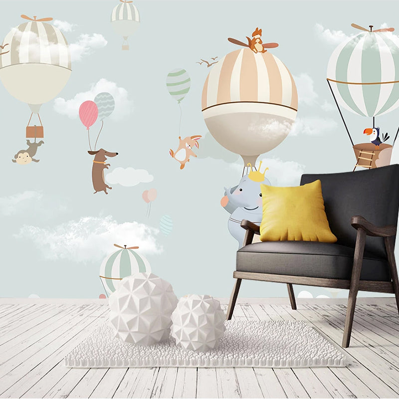 Animals Flying on Hot Air Balloons Nursery Wallpaper - Whimsical Kids Room Decor for Baby Boy & Girl Bedroom, Playroom, or Daycare