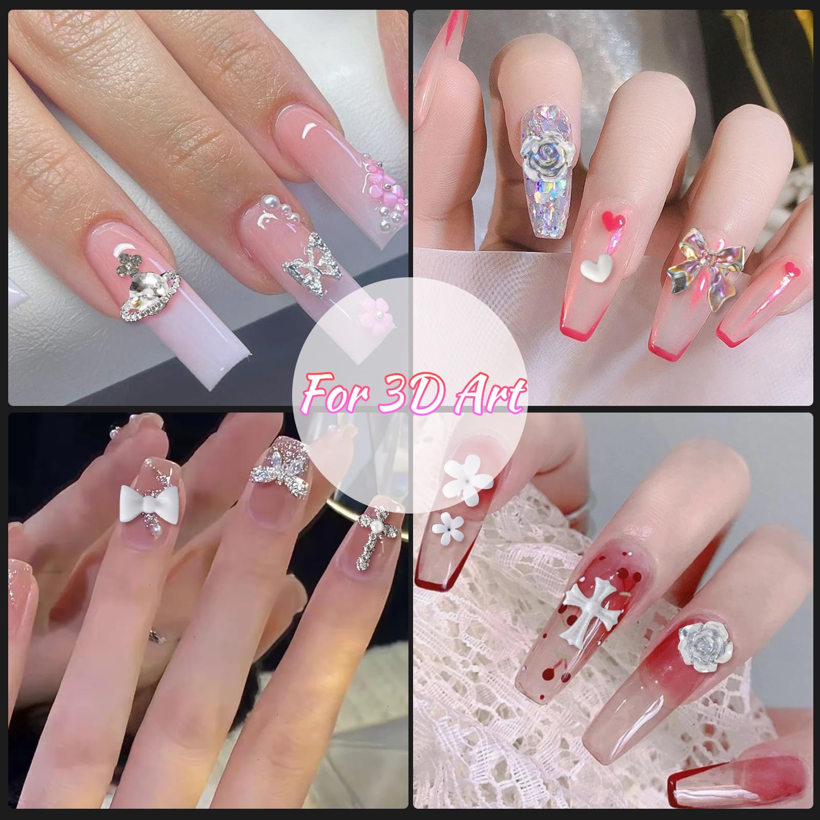 320Pcs White Butterfly, Heart, Star, Cross Nail Rhinestones Charms - 3D Alloy Pearl Nail Art Decorations with Bows & Flowers for DIY Manicure, Crafting & Jewelry Making - Perfect for Nail Salons, Home DIY Projects & Gift Giving