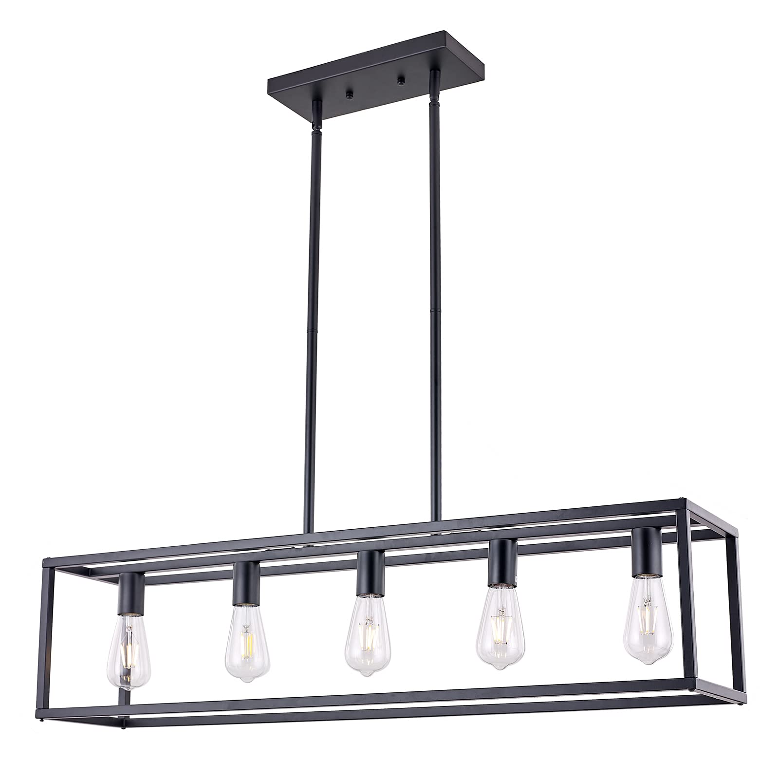 Farmhouse Rectangle Chandelier - Matte Black 5-Light Industrial Pendant Lighting for Dining Room & Kitchen | Rustic Ceiling Light Fixture Perfect for Farmhouse, Industrial & Modern Decor