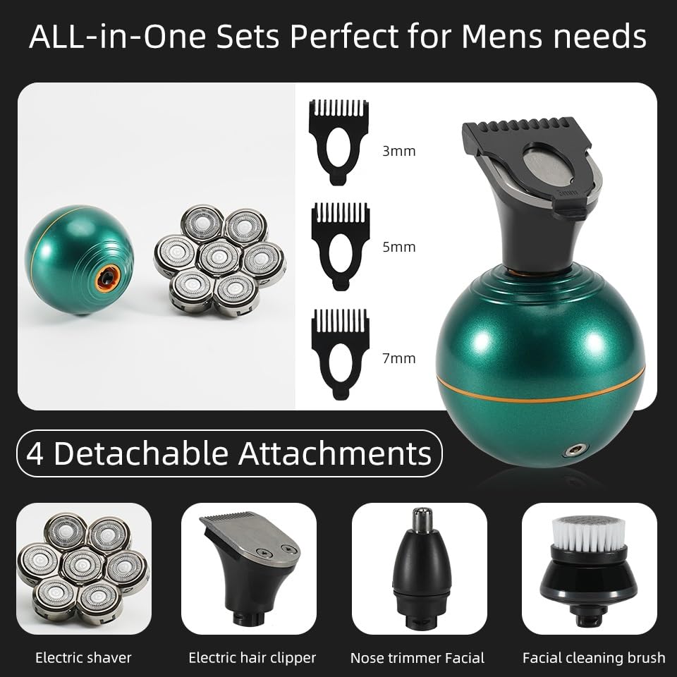 7D Floating Head Electric Shaver for Bald Men - 4 in 1 Rechargeable Body Trimmer & Facial Razor with Precision Blade (Green) - Perfect for Head Shaving, Beard Trimming & Body Grooming at Home or Travel
