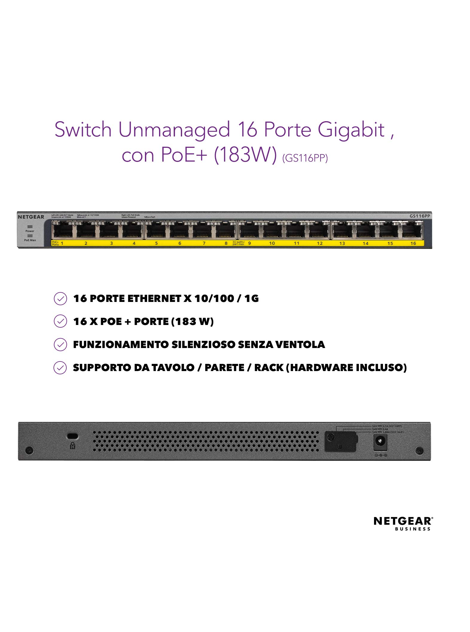 NETGEAR GS116PP 16-Port Gigabit Ethernet Unmanaged PoE+ Switch | 183W Power | Desktop/Wall/Rack Mount | Plug & Play | Ideal for Home Office, Small Business & Surveillance Systems
