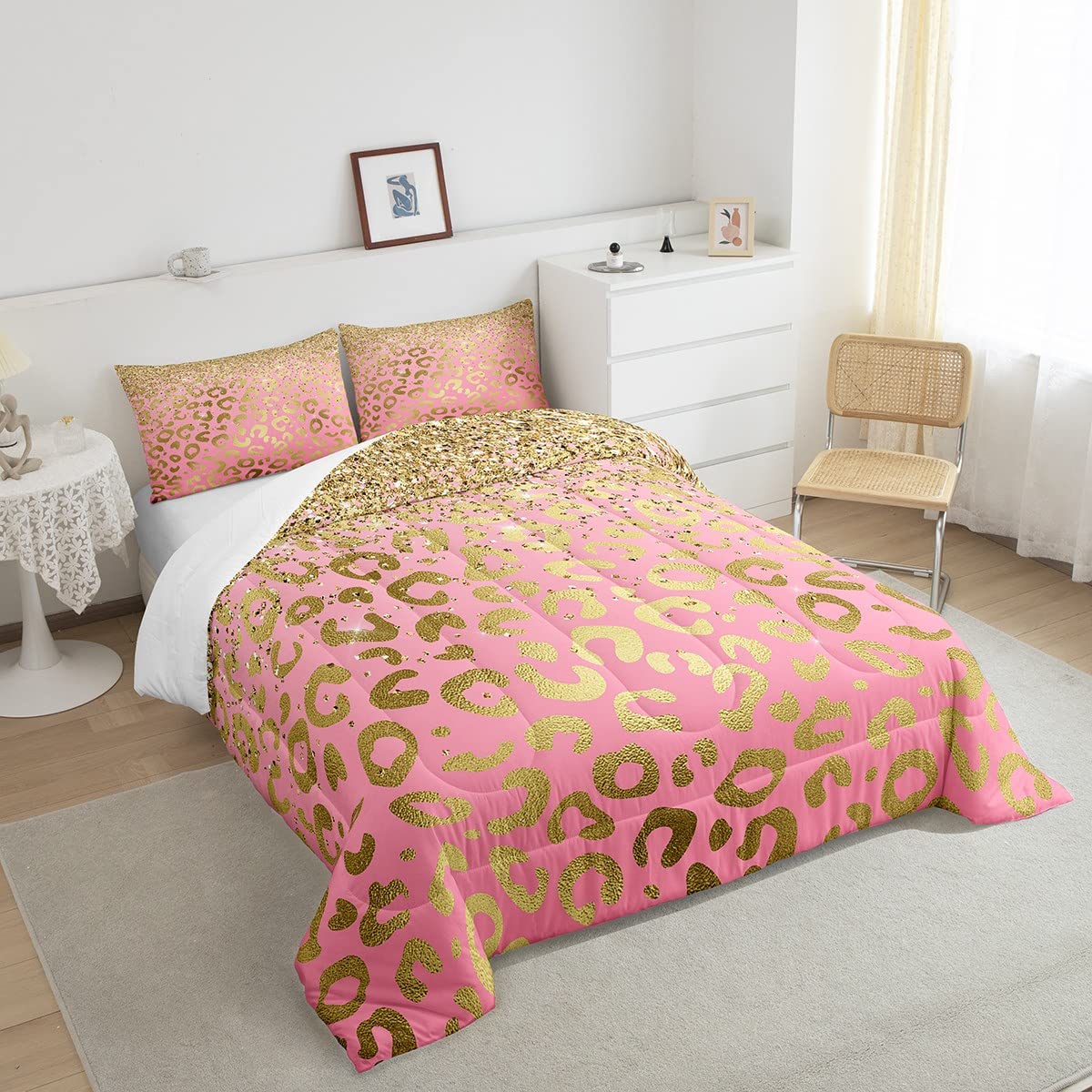 Leopard Print Comforter Set Twin Size - Glitter Bedding Set 2pc for Kids, Teens & Women - Cheetah Animal Print Duvet Cover with Pink Gold Pillowcase - Perfect for Girls' Room Decor & Wild Animal Themed Bedrooms