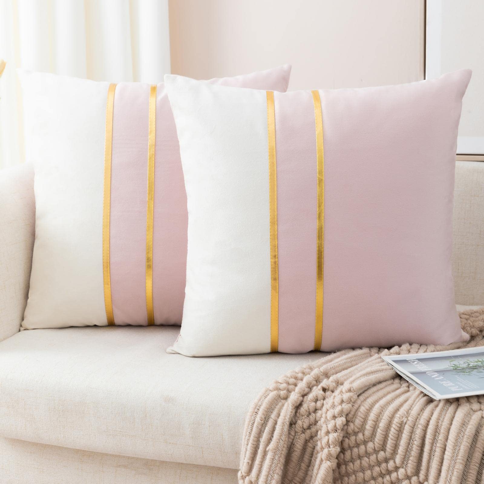 ZLINA Set of 2 Velvet Decorative Throw Pillow Covers - 18x18 Inch Pink & White Patchwork with Gold Leather Accent - Luxury Cushion Covers for Sofa, Bedroom, Living Room & Car Decor - Soft & Stylish Home Accessories
