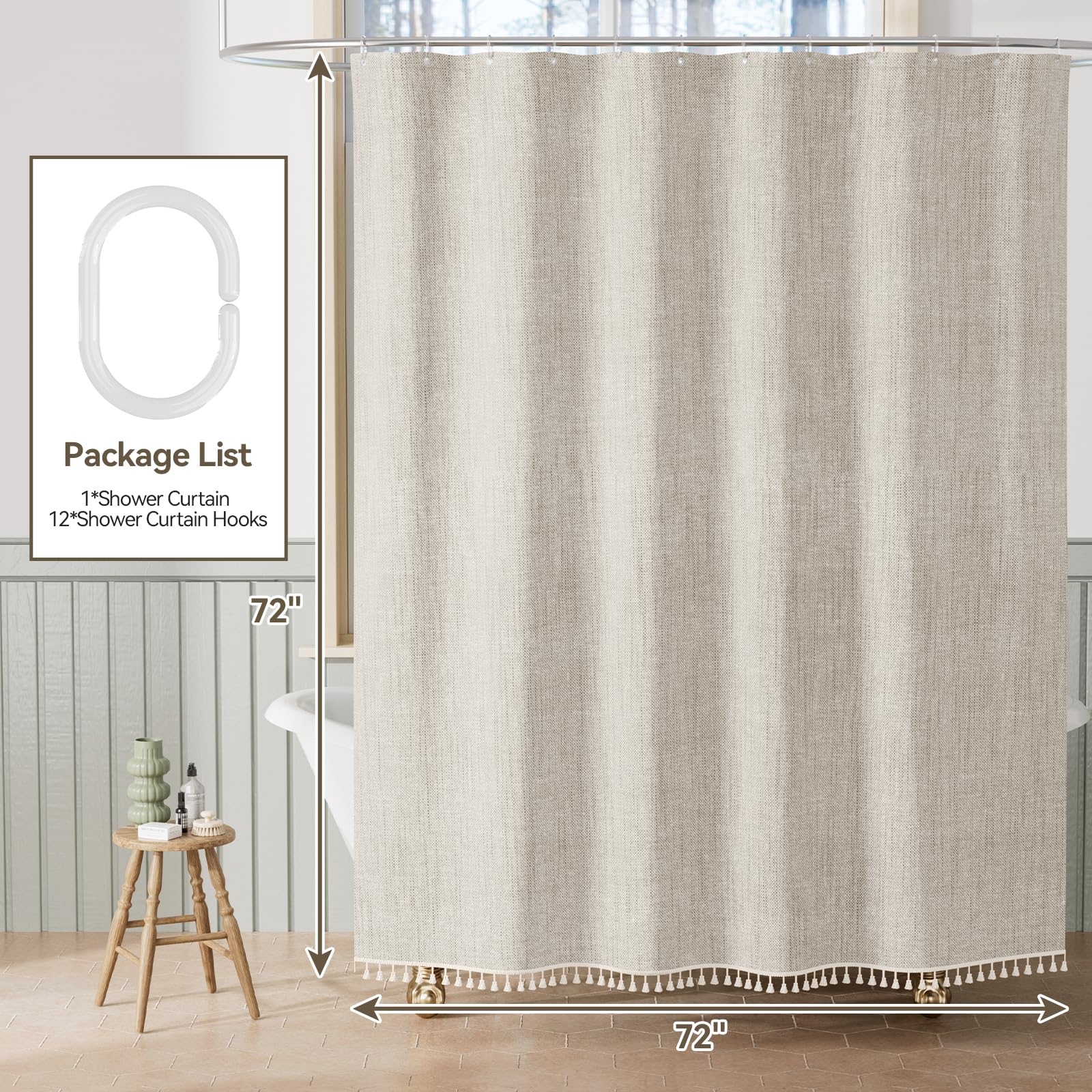 AmazerBath Beige Faux Linen Shower Curtain with Tassels - 72x72 Inch Water Repellent Bathroom Curtain for Modern Farmhouse Decor, Neutral Tasseled Shower Liner with Hooks - Perfect for Bathrooms, Guest Rooms & Spa-Style Retreats