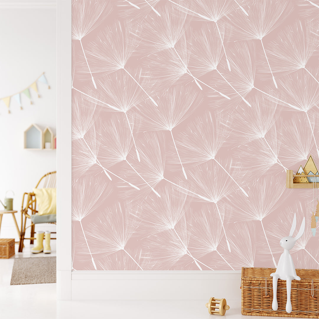 Pastel Pink Dandelion Wallpaper CC259 - Floral Peel and Stick Wallpaper for Bedroom, Nursery, Living Room Decor | Self-Adhesive Removable Wallpaper for Home & Office