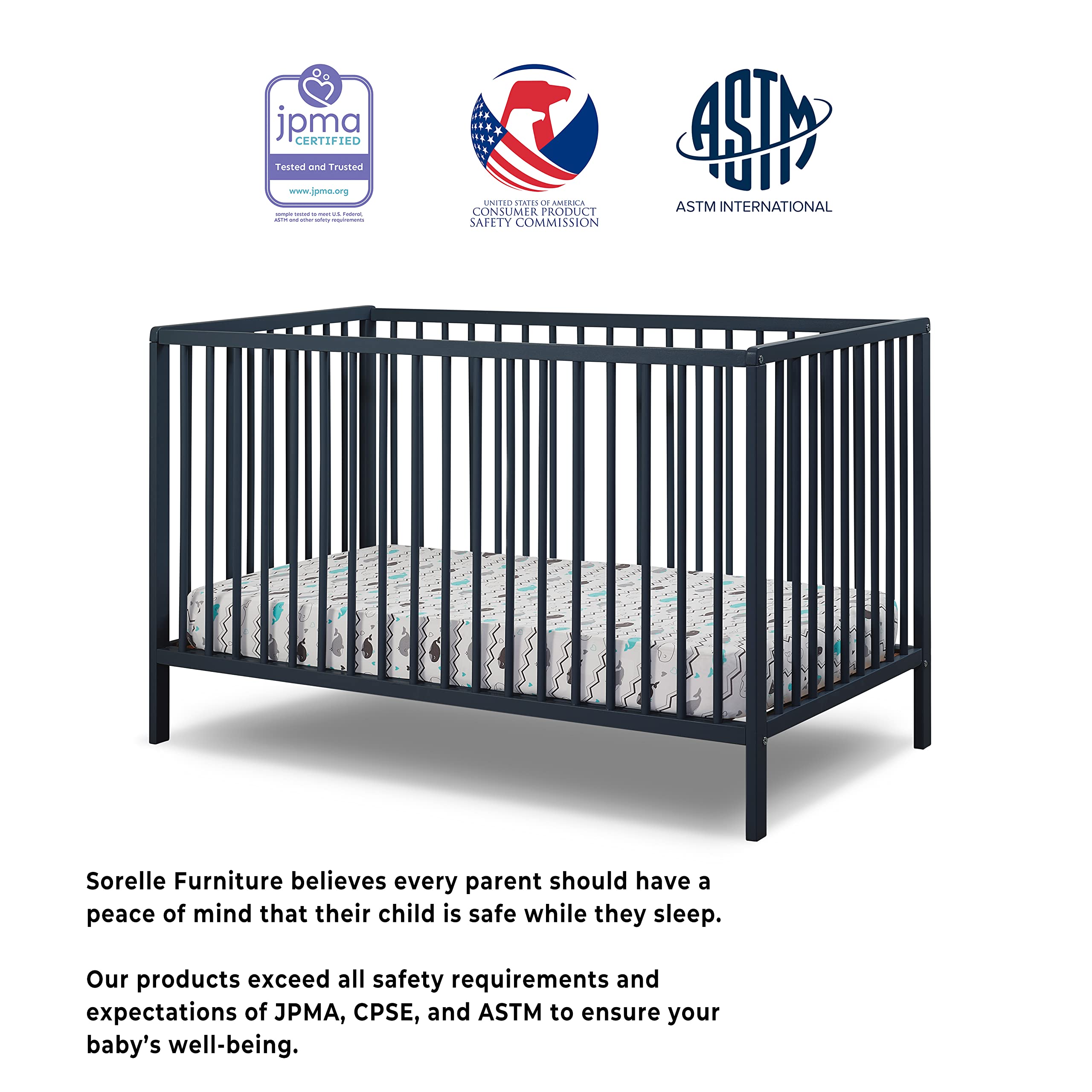 Sorelle Furniture Happy Crib 3-in-1 Convertible Crib - Sustainable Beech Wood Baby Crib, Toddler Bed & Daybed | Safe Nursery Furniture for Newborns & Kids | Perfect for Modern Nursery & Bedroom Decor (Midnight)