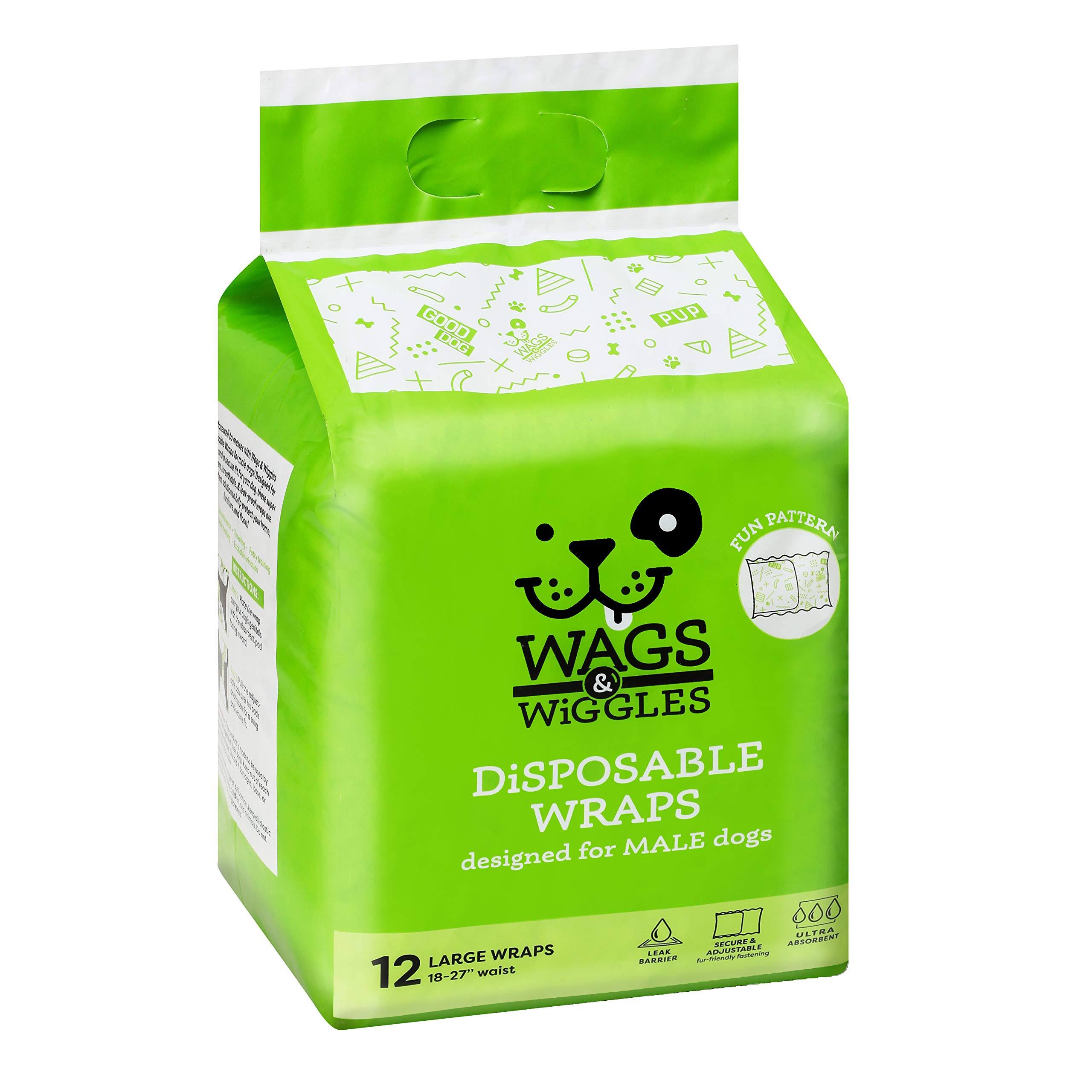 Wags & Wiggles Male Wraps - Disposable Dog Diapers for Male Dogs | 144 Count Pack | Fits Waist Size 18-27 Inches | Perfect for House Training, Travel & Senior Dogs
