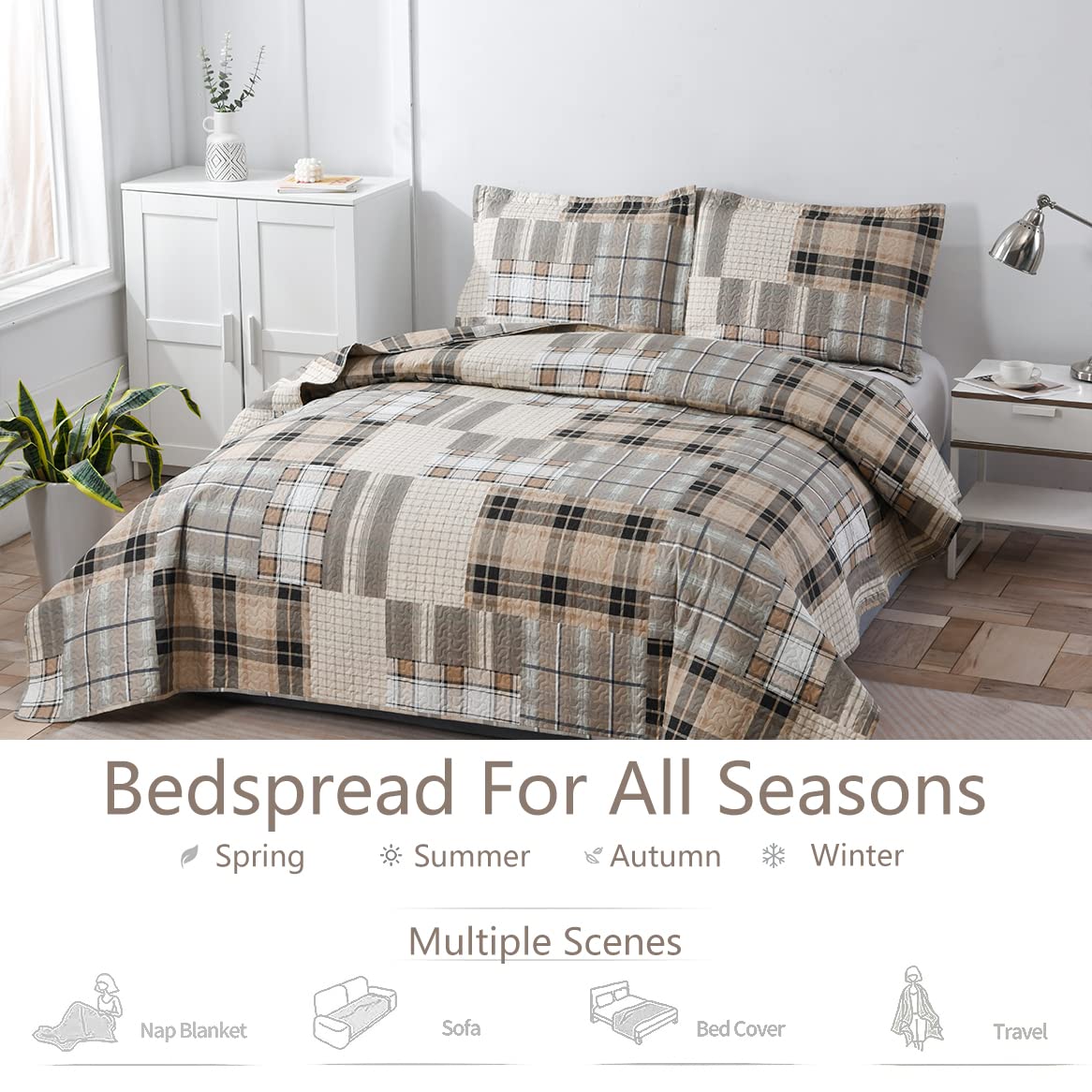 3 Pcs Plaid King Quilt Bedding Set - Lightweight Breathable Gingham Patchwork Coverlet with 2 Pillow Shams, Brown & Gray Checkered Bedspread for Summer | Perfect for Guest Rooms, Master Bedrooms & Cozy Home Decor