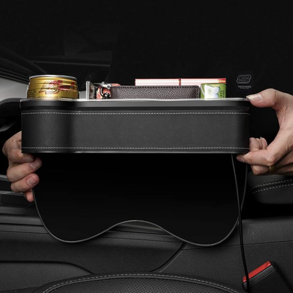 Tumecos Multifunctional Car Seat Gap Organizer with 2 USB Fast Charge Ports, Small Cup Holder & Storage Box - Beige (Driver’s Side) | Perfect for Road Trips, Commuting & Keeping Your Car Organized