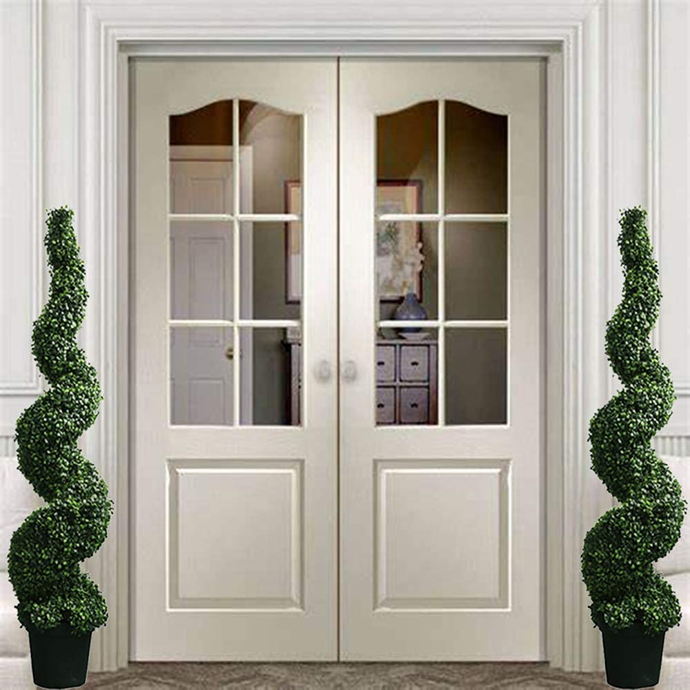 59 Inch Artificial Boxwood Spiral Topiary Trees - Set of 2 Fake Faux Plants in Plastic Pots for Indoor/Outdoor Decor - Perfect for Patio, Garden, Entryway & Home Office Decorations