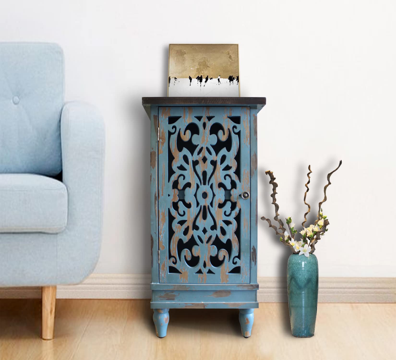 Rustic End Table with Dual Shelf Storage - Teal Accent Side Table for Living Room, Bedroom, or Office | Small Space Furniture with Vintage Charm
