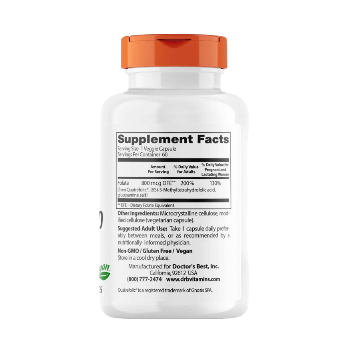 Doctor's Best Fully Active Folate 800 - 800mcg Methylfolate Supplement | 60 Vegan Capsules | Supports Heart Health & Pregnancy Nutrition | Prenatal & Postnatal Care