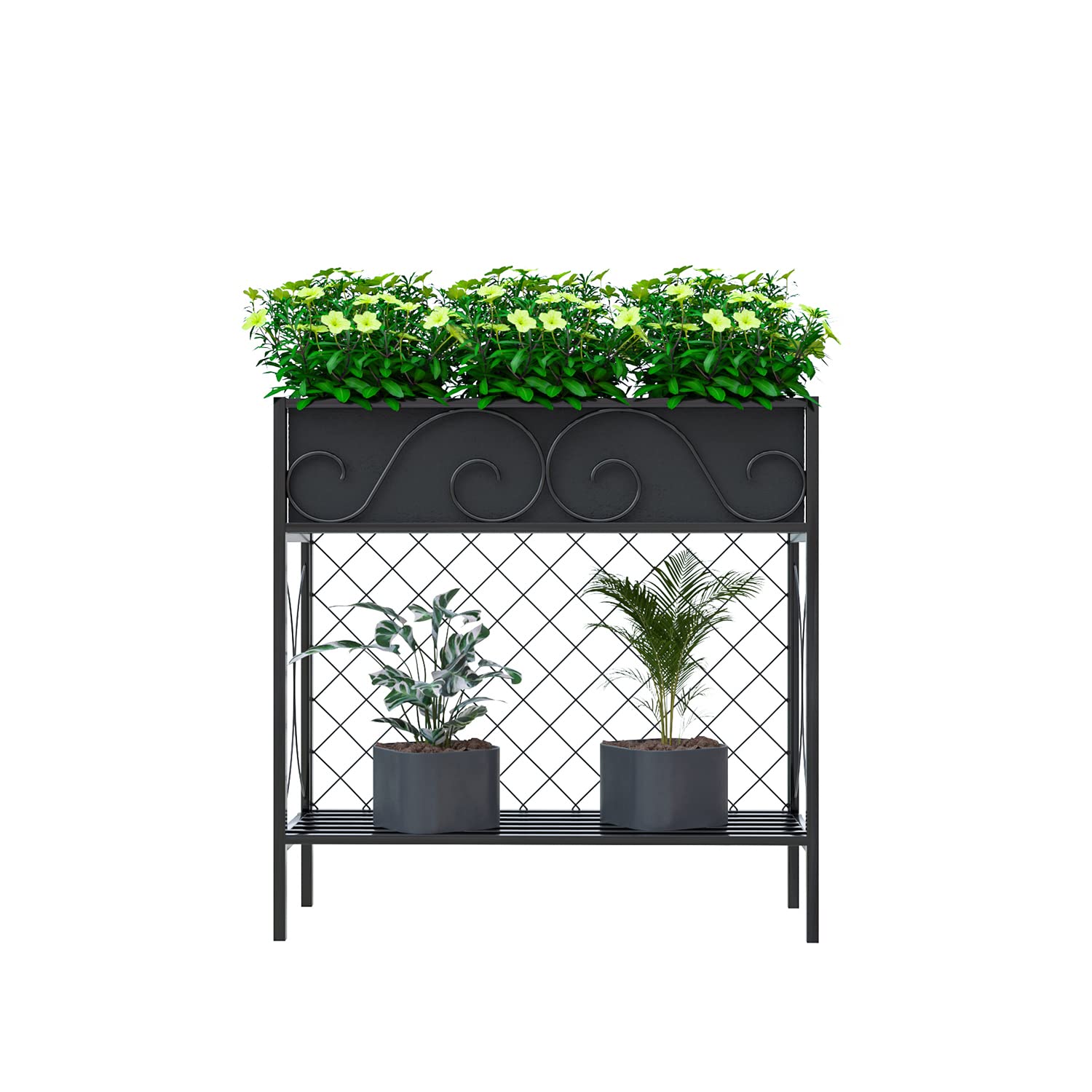 2 Tier Heavy Duty Metal Plant Stand - Indoor Outdoor Potted Plant Shelf with Privacy Railing Panels - Sturdy Planter for Small Spaces, Raised Garden Bed for Vegetables & Flowers - Perfect for Backyard, Patio, Balcony & Home Decor