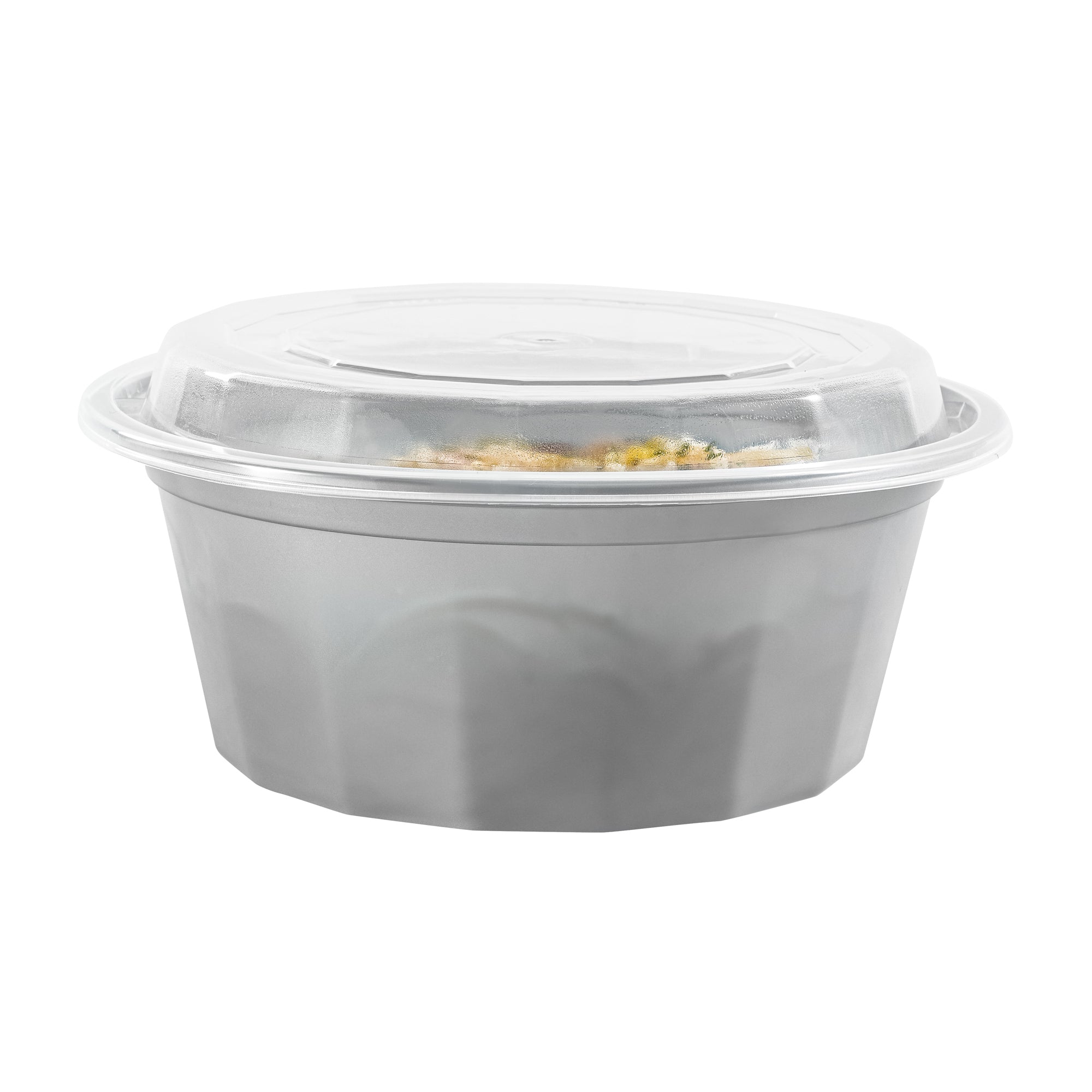 32 oz Round Silver Plastic Food Storage Containers with Clear Lids - Microwave Safe, Reusable To-Go Boxes (7.25