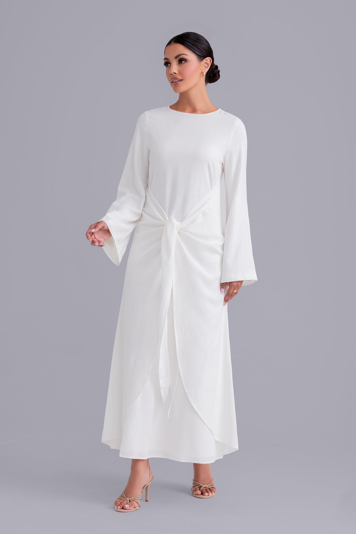 Maryam Tie Waist Linen Maxi Dress for Women - Flowy Summer Beach Dress in Off White | Perfect for Vacations, Weddings & Boho Chic Outfits