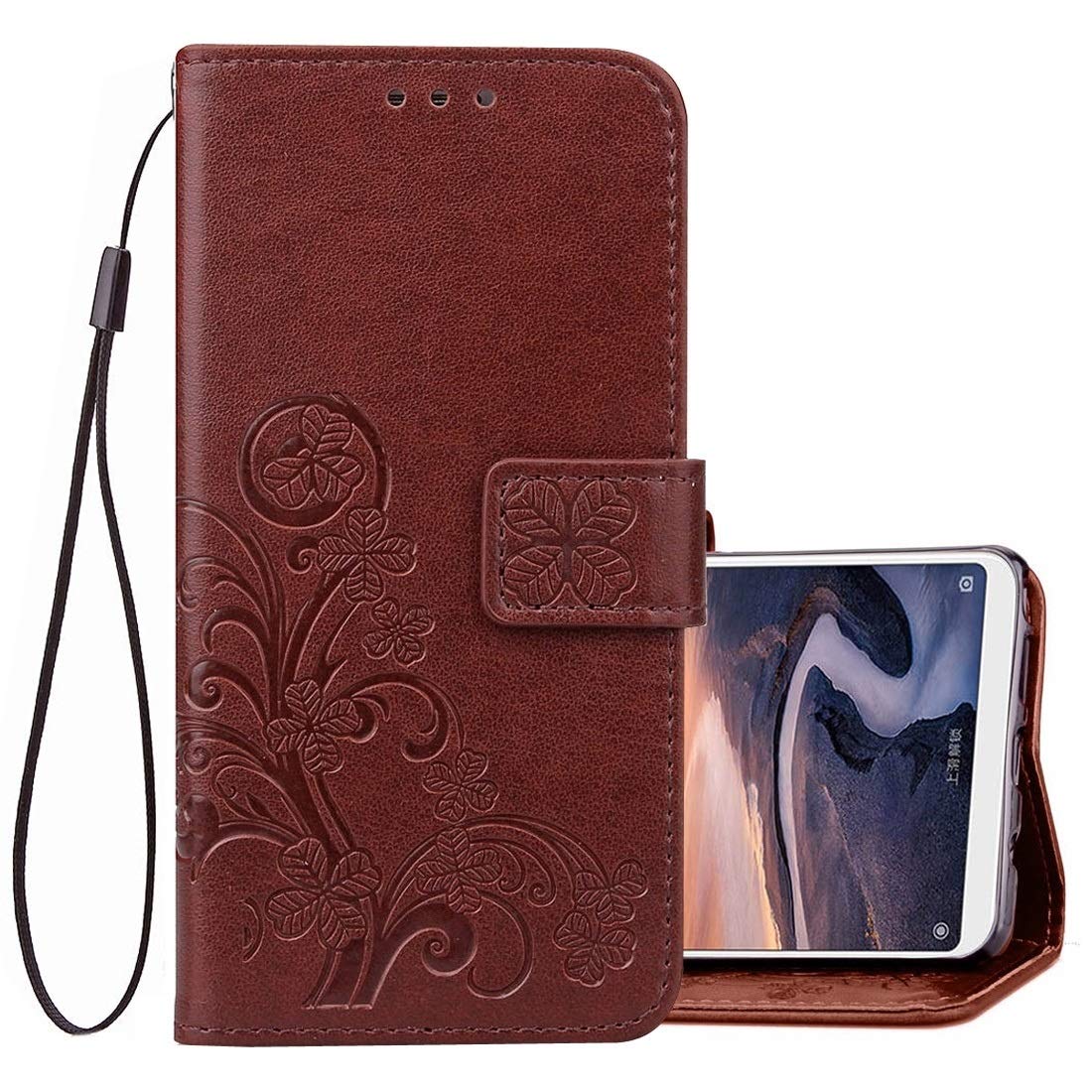 Lucky Clover Pressed Flowers Leather Phone Case for Xiaomi Mi Max 3 - Wallet Holder with Card Slots & Hand Strap (Black/Brown) | Stylish Protection for Everyday Use & Travel