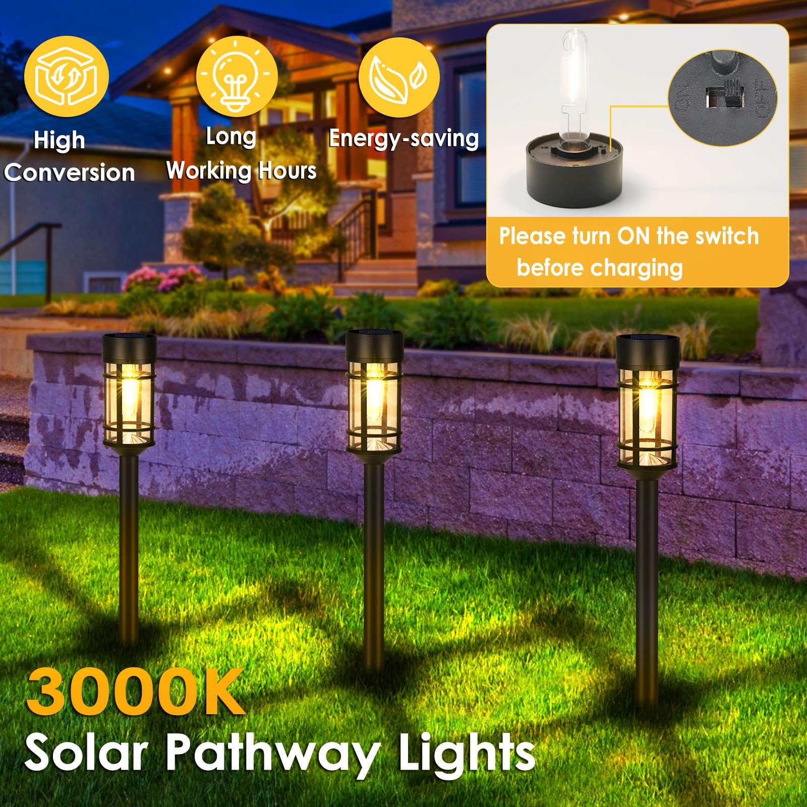 8 Pack Solar Pathway Lights - LED Outdoor Waterproof Solar Garden Lights for Yard, Lawn, Walkway, Driveway (3000K Warm White) | Perfect for Landscape Lighting, Patio Decor & Backyard Illumination