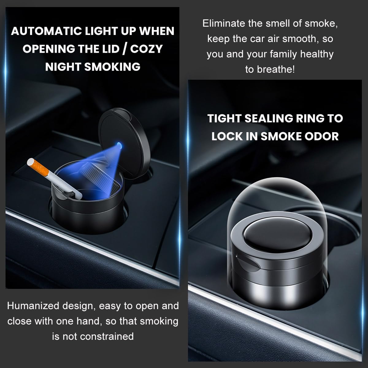Augeny Detachable Car Ashtray with Lid & LED Blue Light - Zinc Alloy Portable Auto Ashtray Trash Can for Cars, Trucks, SUVs - Universal Vehicle Interior Accessories (Gray) - Perfect for Road Trips, Commuting & Smoking Drivers