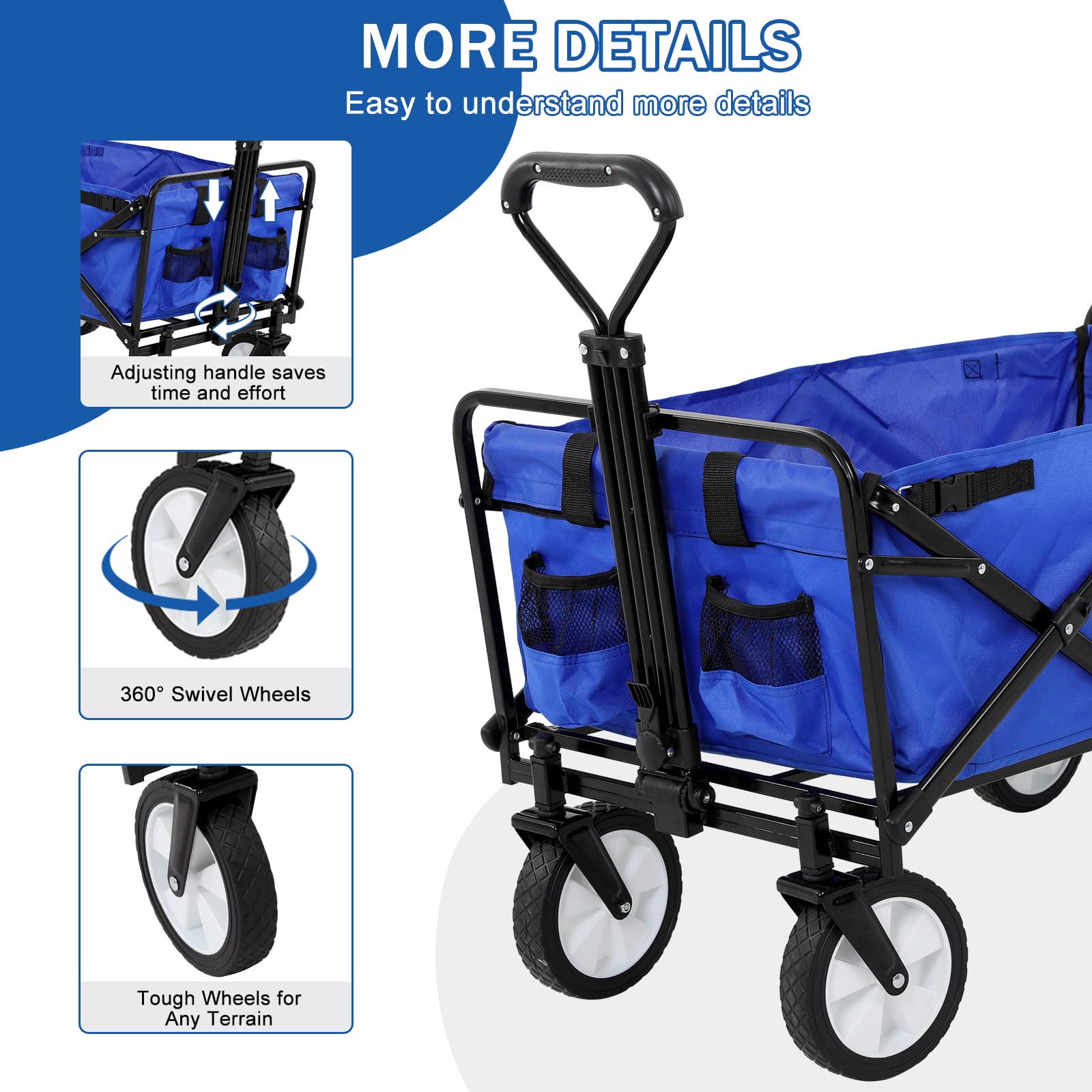 Heavy Duty Folding Garden Wagon Cart with 2 Cup Holders & 6.5 Inch Wheels | Durable Collapsible Utility Cart for Outdoor, Camping, Picnic, Beach, Park | Portable Multipurpose Wagon for Gardening, Yard Work, Groceries, and More (Blue)