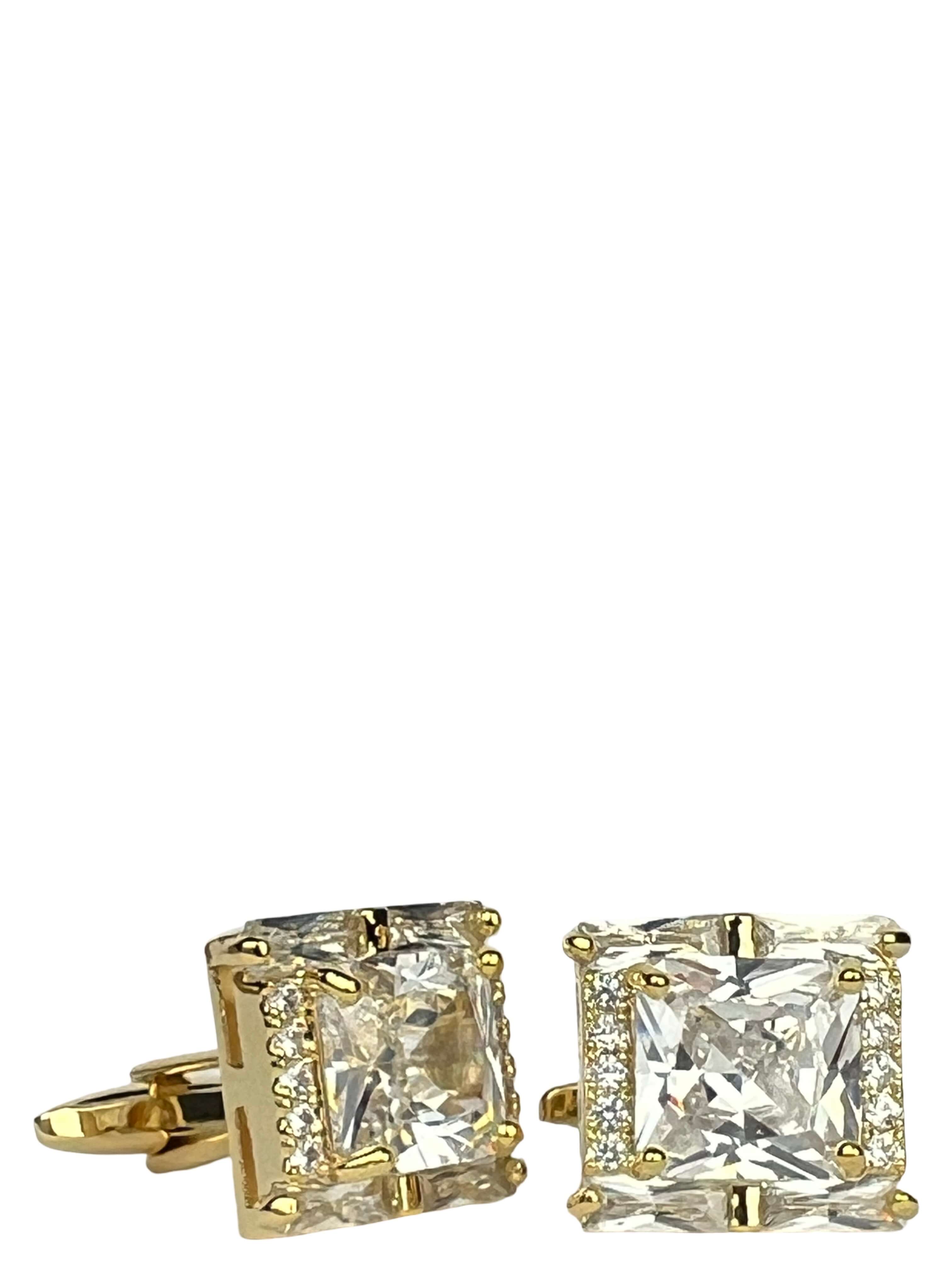 DÉCLIC Square Diamond Gold Cufflinks for Men - Elegant White Formal Dress Shirt Accessories for Weddings & Business Events