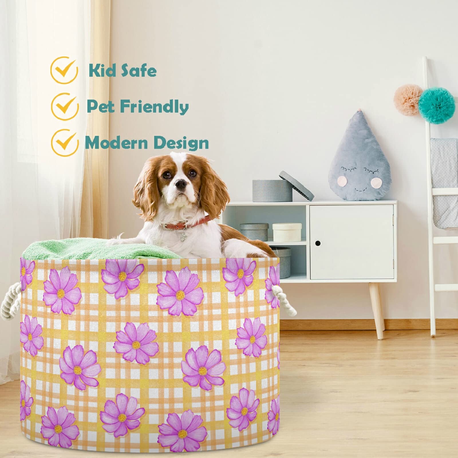 Visesunny Collapsible Fabric Storage Basket - Orange Gingham Check Design for Laundry, Toys & Clothes | Perfect for Bathroom, Bedroom, Nursery, Closet & Office Organization | Space-Saving Home Storage Solution