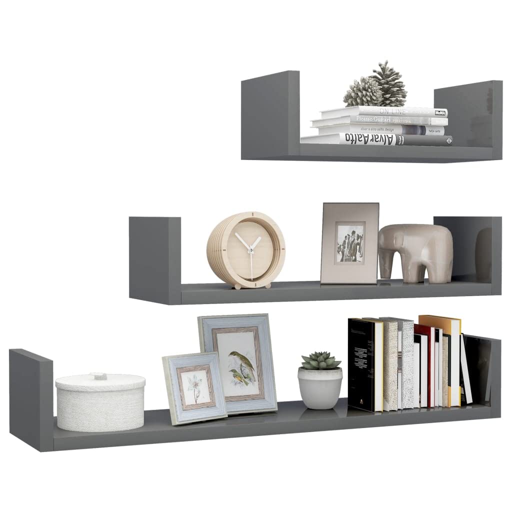3-Pack Floating Wall Shelves Set - High Gloss Gray Chipboard Wall Mounted Display Shelves for Bedroom, Living Room & Office Decor - Perfect for Books, Photos & Decorative Items