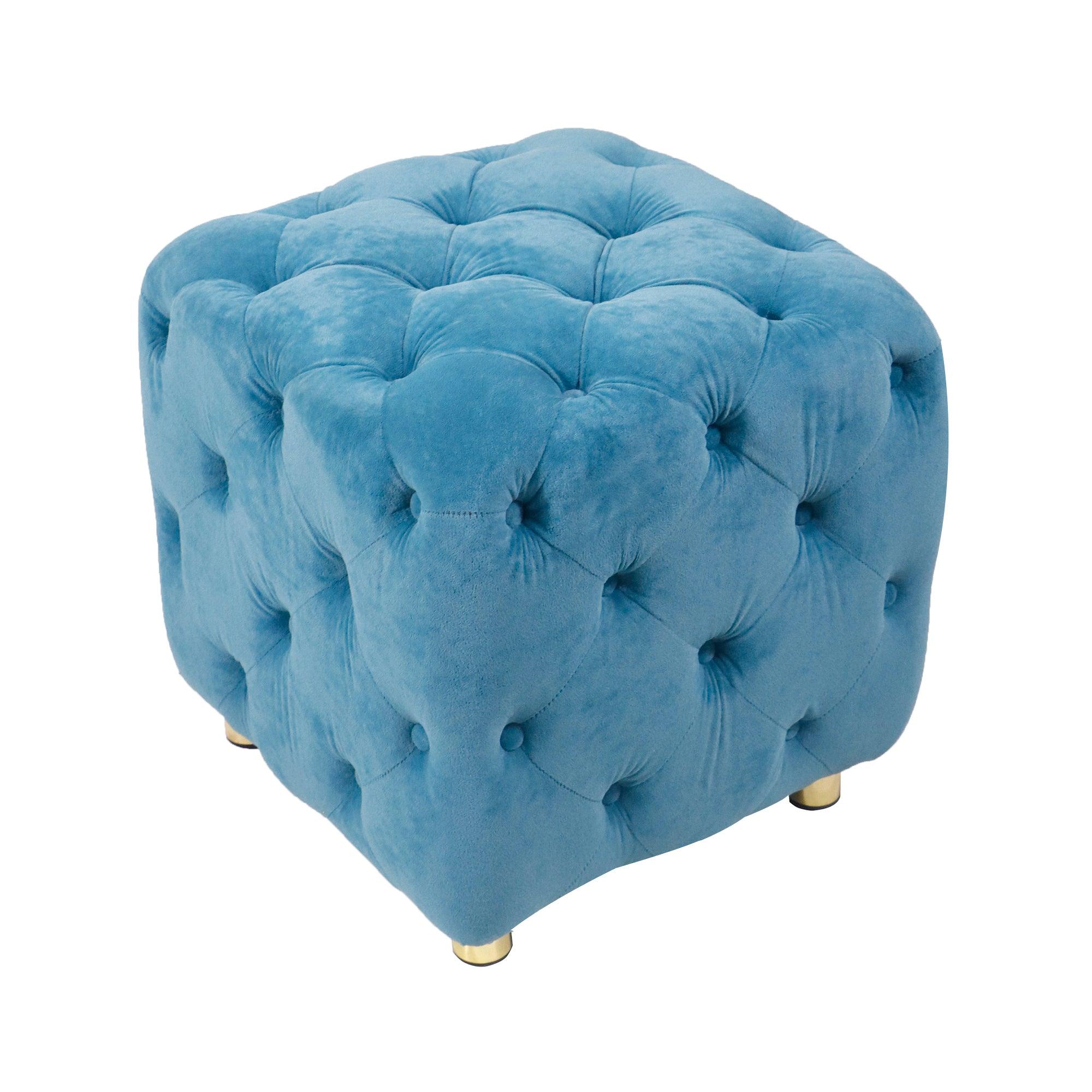 Blue Modern Velvet Upholstered Ottoman - Small End Table & Soft Foot Stool | Dressing Makeup Chair with Comfortable Seat for Living Room, Bedroom & Entryway | Perfect for Lounging, Storage & Home Decor