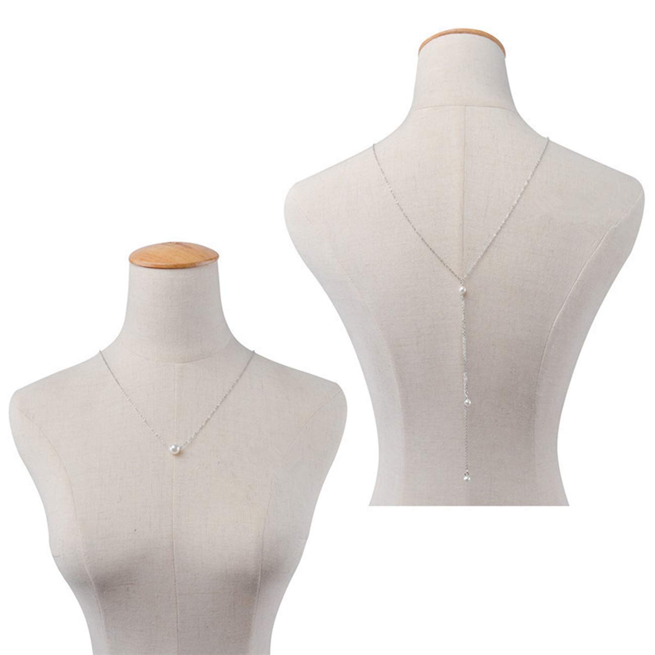 Elegant Pearl Back Chain Necklace for Women - Silver Bridal Wedding Jewelry, Perfect for Brides, Prom, and Special Occasions