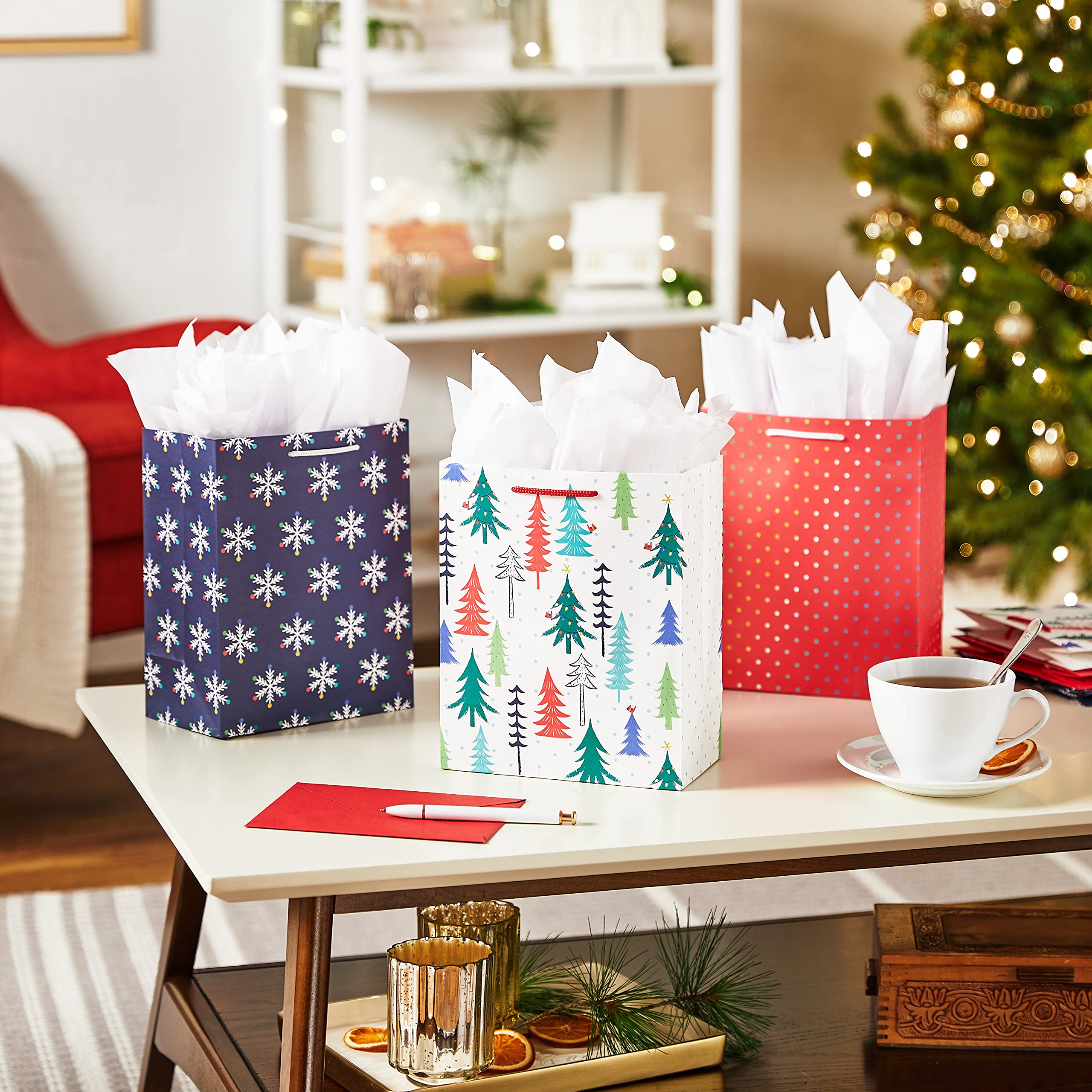 Hallmark 9 Inch Christmas Gift Bags Set of 6 - 3 Festive Designs (Red Polka Dot, Colorful Trees, Navy Snowflake) for Holiday Parties, Winter Weddings, Birthday Gifts & Christmas Presents - Perfect for Secret Santa, Office Exchanges & Festive Gift Wrapping